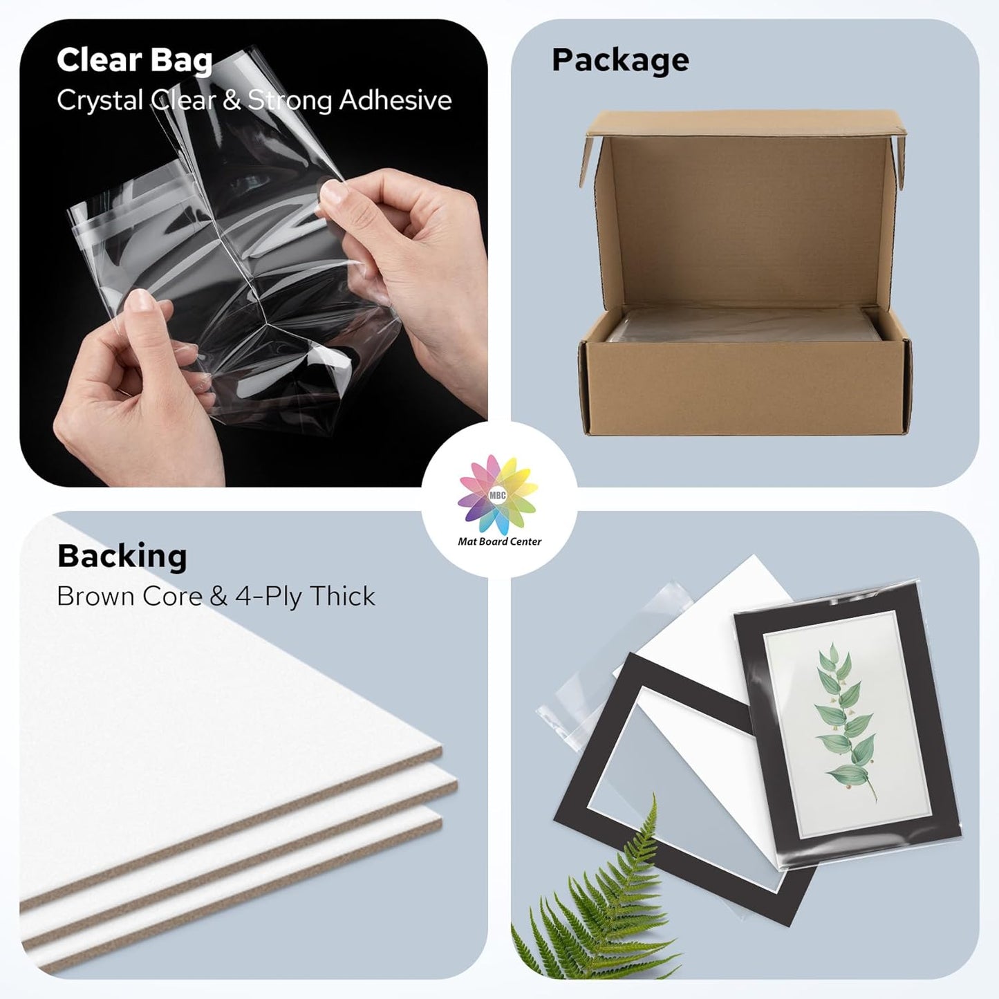 Mat Board Center, Pack of 50, 5x7 for 4x6 Black Mat Kit - Acid Free, 4-ply Thickness, White Core - Includes Backing Boards and Clear Bags - for Pictures, Photos, Framing