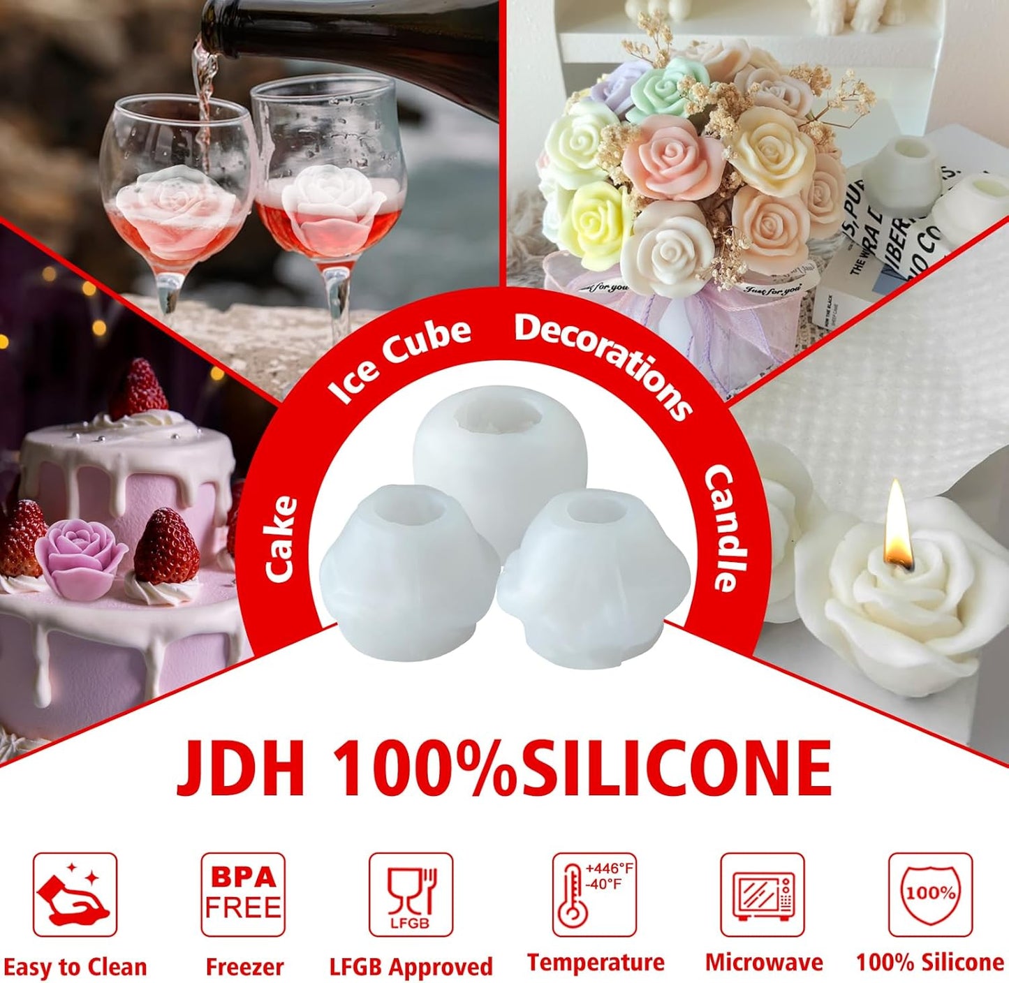 JDH 3 PCS Rose Flower Molds Flower Silicone Candle Mold Candle molds for Candle Making for DIY Scented Candle, Soy Wax, Cake, Soap, Resin Casting Craft Making