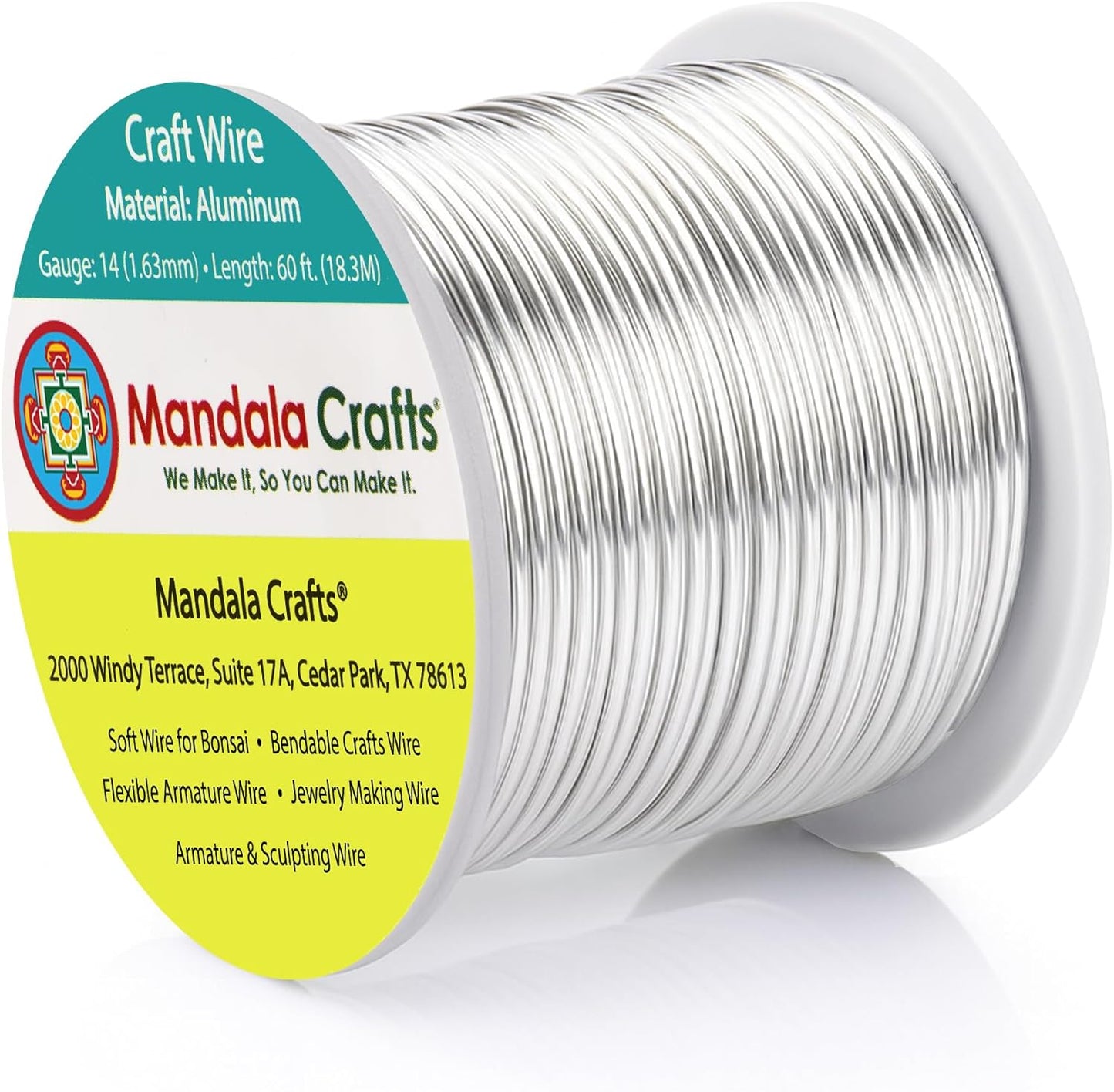 Mandala Crafts 14 Gauge Anodized Aluminum Craft Wire for Jewelry Making - 60 FT Colored Flexible Silver Tone Wire - Bendable for Bonsai Armature Crafting Sculpting