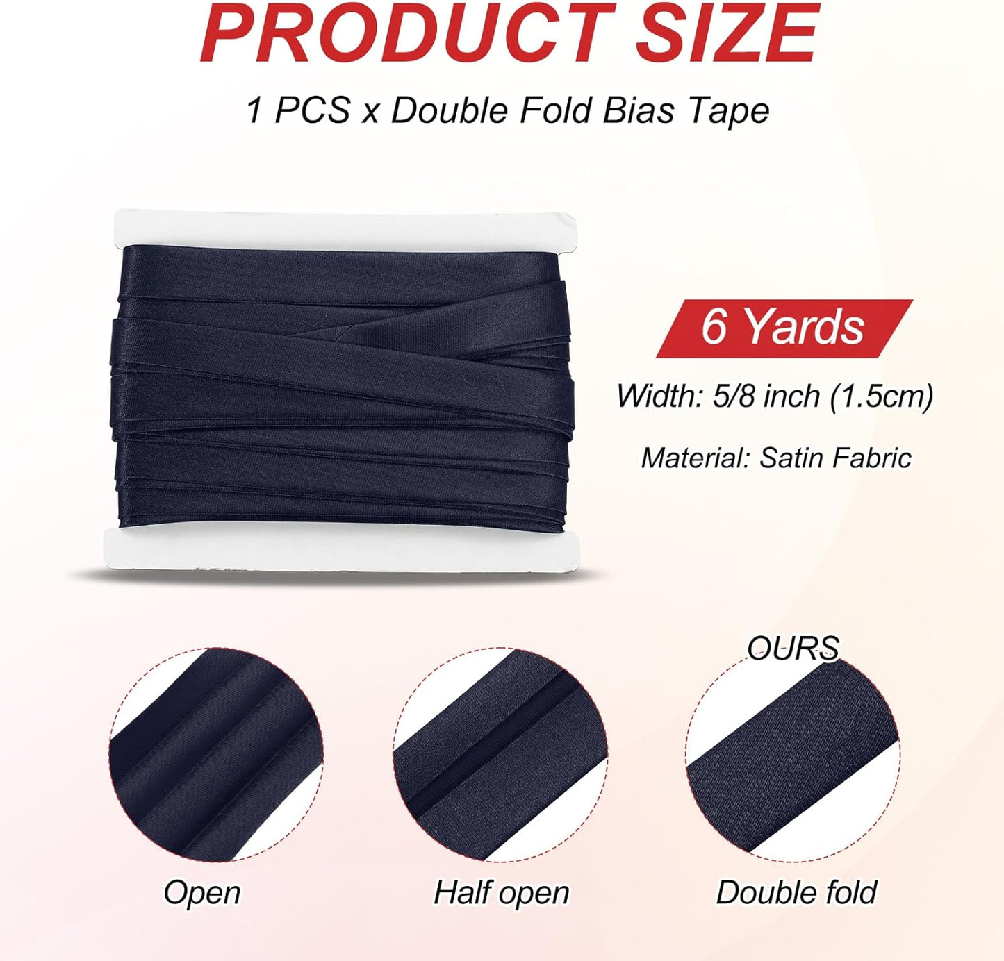 MECCANIXITY Double Fold Bias Tape for Sewing 5/8 Inch x 6 Yards Satin Pre-fold Continuous Binding Tape for Seaming Quilting Hemming Binding DIY Crafts, Navy Blue