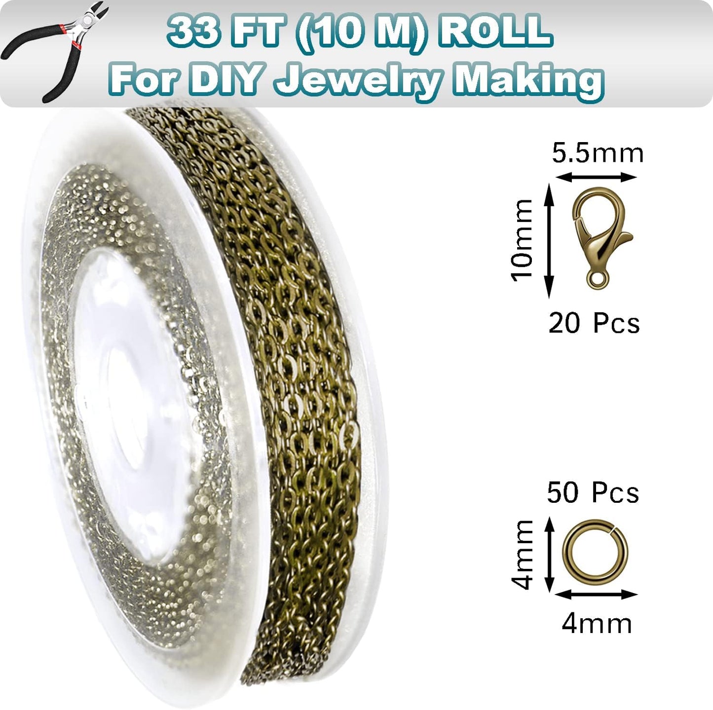 Jishi 33ft Link Cable Chain Roll 2mm, Bronze Chain for Jewelry Making Necklace Earring Bracelet DIY Craft Jewelry Making Findings Supplies, Bronze Plated Iron Metal Rolo Necklace Chain Spool Set