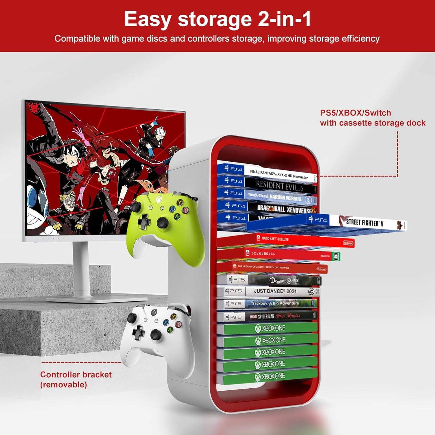 Wigmoa OYO-1 15.8INCH Game Storage Tower - PS5/Xbox Series/Switch Compatible, 18 Disc Organizer with 4 Controller Holder, Red/White
