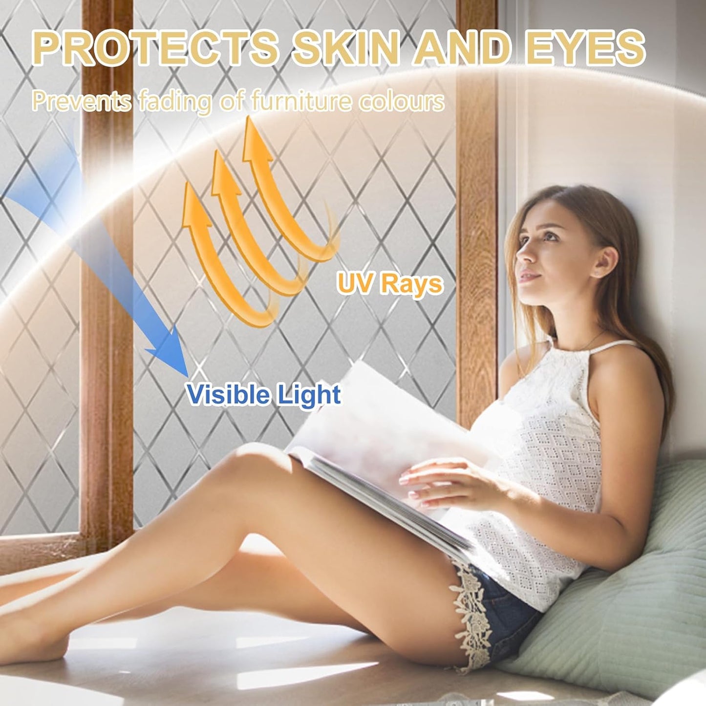 Window Privacy Film Decorative for Front Door, Bathroom Static Cling Stained Glass Sticker Opaque Heat Control UV Blocking Non-Adhesive for Home,Grid 35.4 x 78.7 inches
