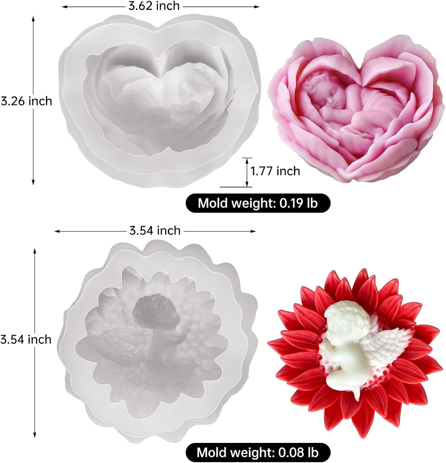 JDH 2PCS Flower Candle Molds,Heart Rose Candle Mold,3D Angel Baby in Sunflower Silicone Mold soap Silicone Molds for Home Decor Mother's Gift Baby Shower Wedding Decor