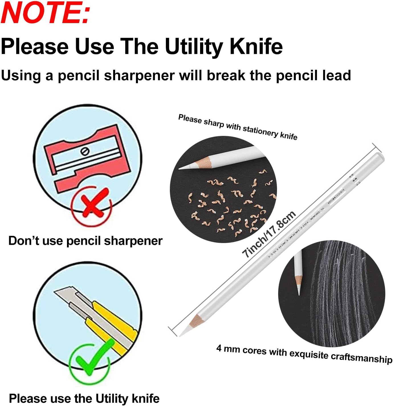 Professional White Charcoal Pencils Set - 6 Pieces Sketch Highlight White Pencils for Drawing, Sketching, Shading, Blending - Beginners & Artists