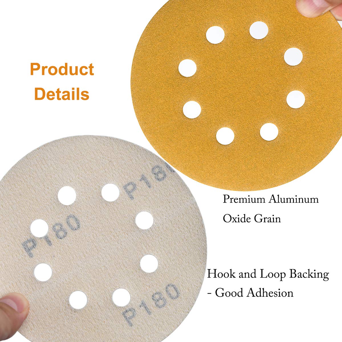 5-Inch 8-Hole Hook and Loop Sanding Discs 180-Grit Random Orbit Sandpaper, 100-Pack