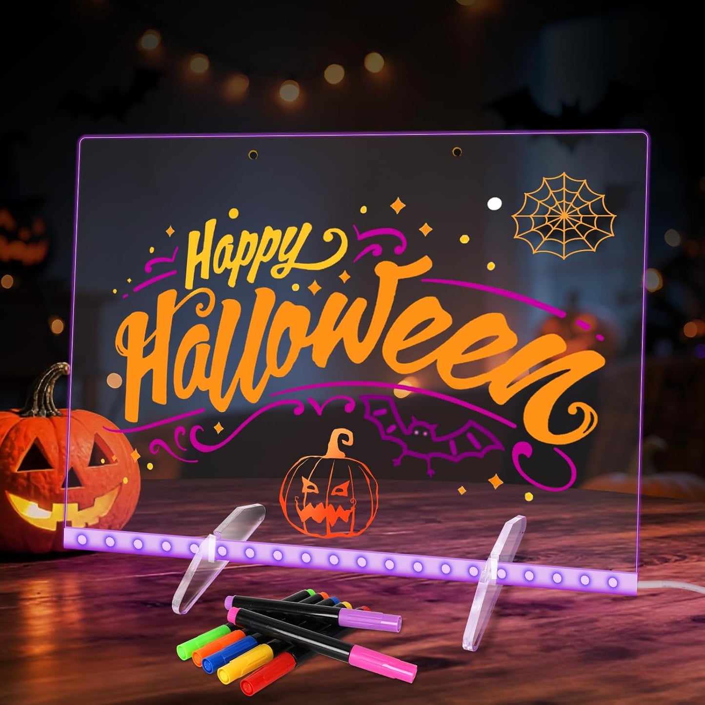 Led Note Board with 7 Colors, 13.8“X10” Lumiboard Led Drawing Board for Kids, 4 Modes Acrylic Dry Erase Board with Light, Glow Rewritable Message Board with Stand, Include 7 Markers, Hanging Chain