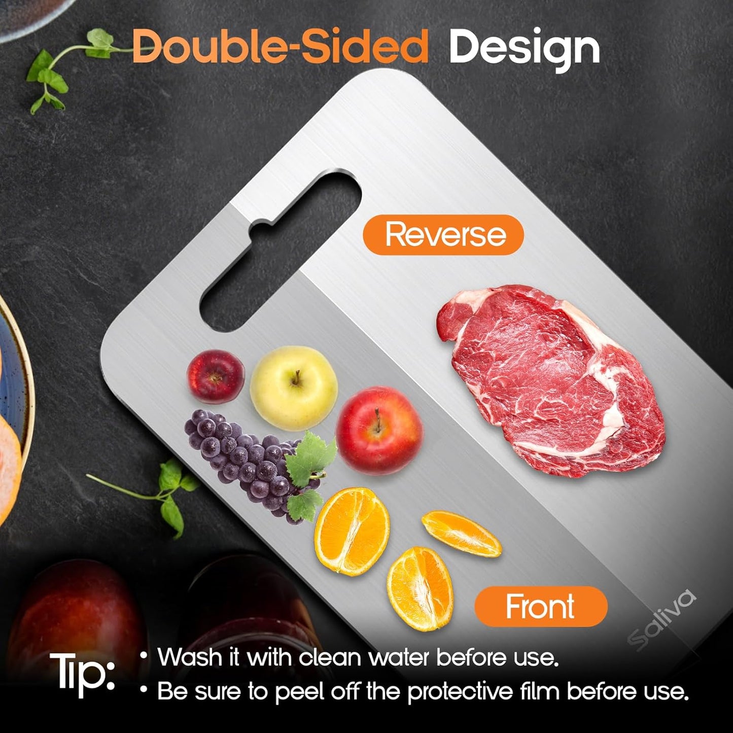 Saliva 3pcs Titanium Cutting Board for Kitchen, Titanium Cutting Boards Set of 3, Non Toxic Double Sided Food Grade, Dishwasher Safe, No Blunt Knife, Chopping Boards with Handle for Meat & Vegetable