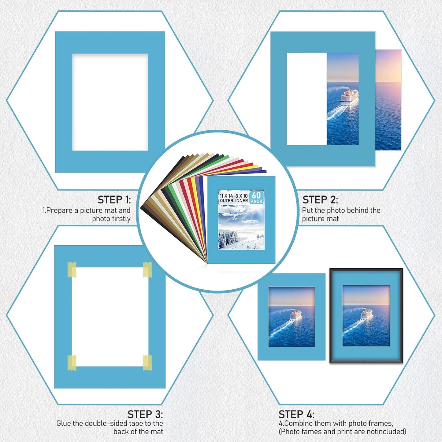 60 Pack Picture Mats 11 x 14 Inch Frame Mattes Matting with Acid Free Pre Cut Mattes White Core Bevel Cut Mats for 8 x 10 Pictures for Home Gallery Wall Hanging Art Decoration (Mixed Colors)