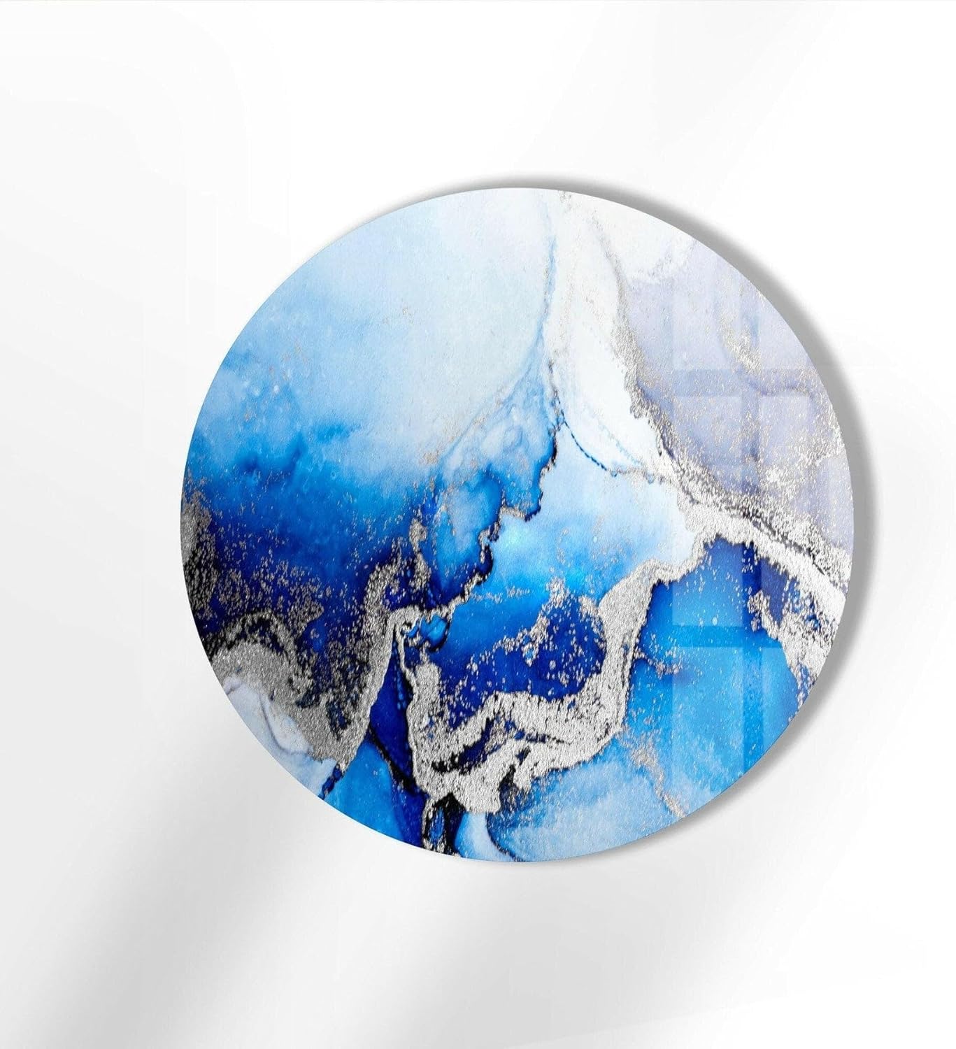My Photostation.com 20''(50cm) Diameter Blue Marble Round with Silver Details Glass Wall Art Tempered Glass Printing Wall Decor Large Wall Art Wall Hangings