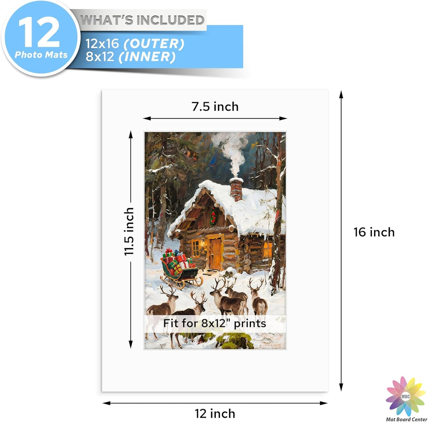 Mat Board Center, 12x16 White Mats for 8x12 Pictures - Acid Free, 4-ply Thickness, White Core, Bevel Cut - for Artworks, Photos, Framing - Pack of 12