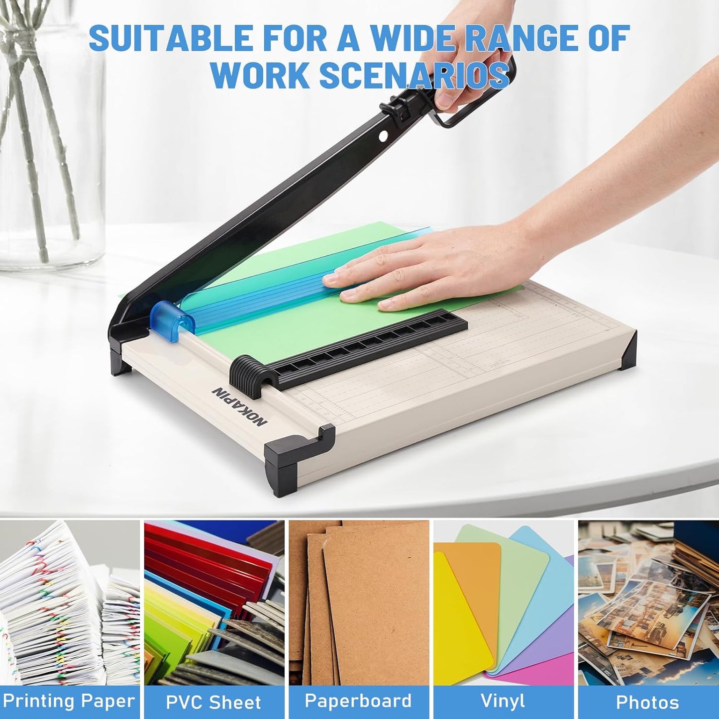 Paper Cutter, Paper Slicer with Safety Guard and Blade Lock, 12" Cut Length Guillotine Paper Cutter with 16 Sheet Capacity, Paper Cutters and Trimmers for Cardstock Cardboard (White)