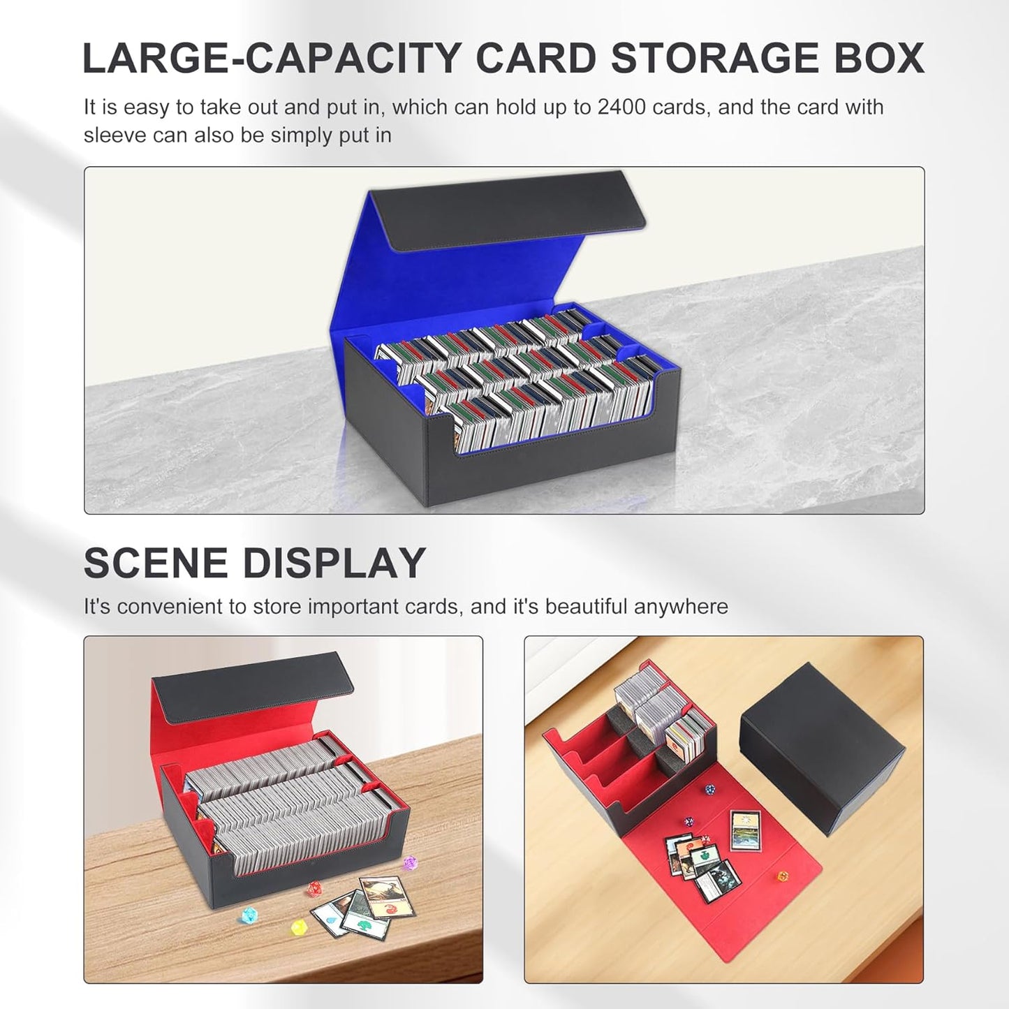 Card Storage Box for Trading Cards，2400+ Leather Magnetic Closure Commander Storage Box,Protectors Fit for YuGiOh, MTG and Sport Cards (Black, red, 2400+)