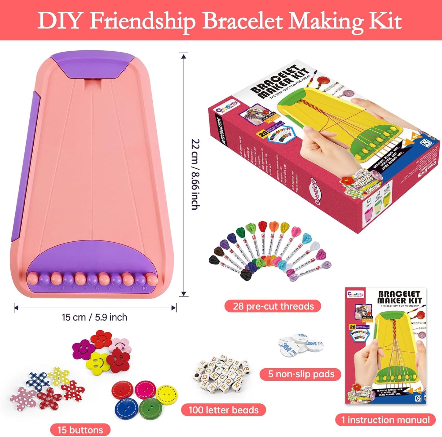Rdfmy Friendship Bracelet Making Kit for Girls, Arts and Crafts Bracelets String Maker Kit for Kids Ages 8-12 Christmas Birthday Gifts Pink with Purple
