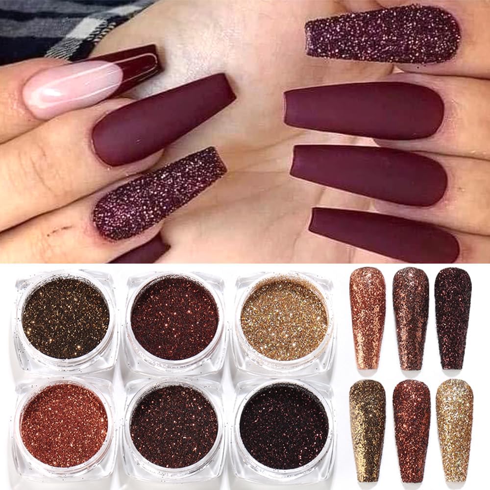 6 Colors Holographic Nail Art Glitter, Ultra Fine Metallic Shining Glitter Dust, Retro Champagne Golden Reflective Sugar Dipping Pigment for DIY Gel Polish Nail Art Decoration, Resin Craft