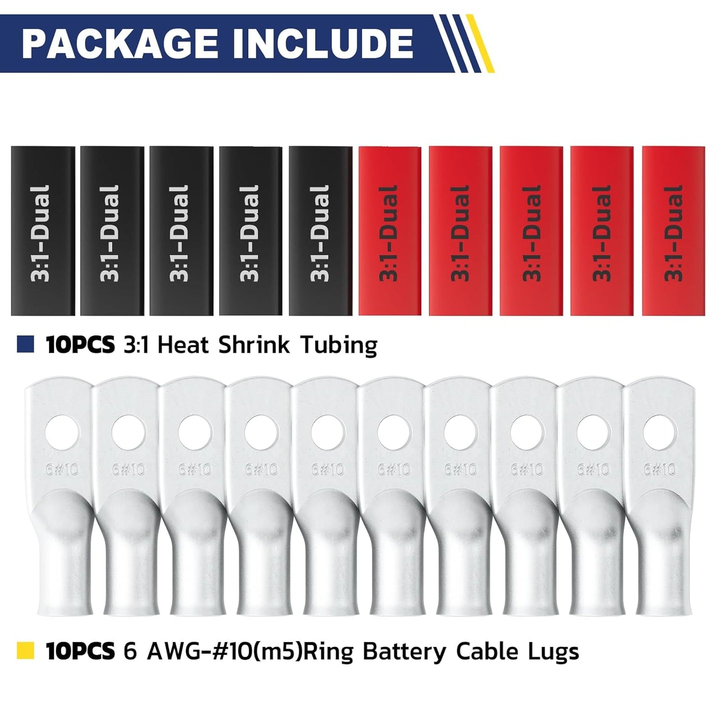 haisstronica 10pcs 6 AWG - #10 Tinned Copper Battery Lugs, Heavy Duty Copper Wire Lugs with 10pcs 3:1 Adhesive Heat Shrink Tubing, 6 Gauge Wire Lugs, Tinned Copper Battery Cable Ends