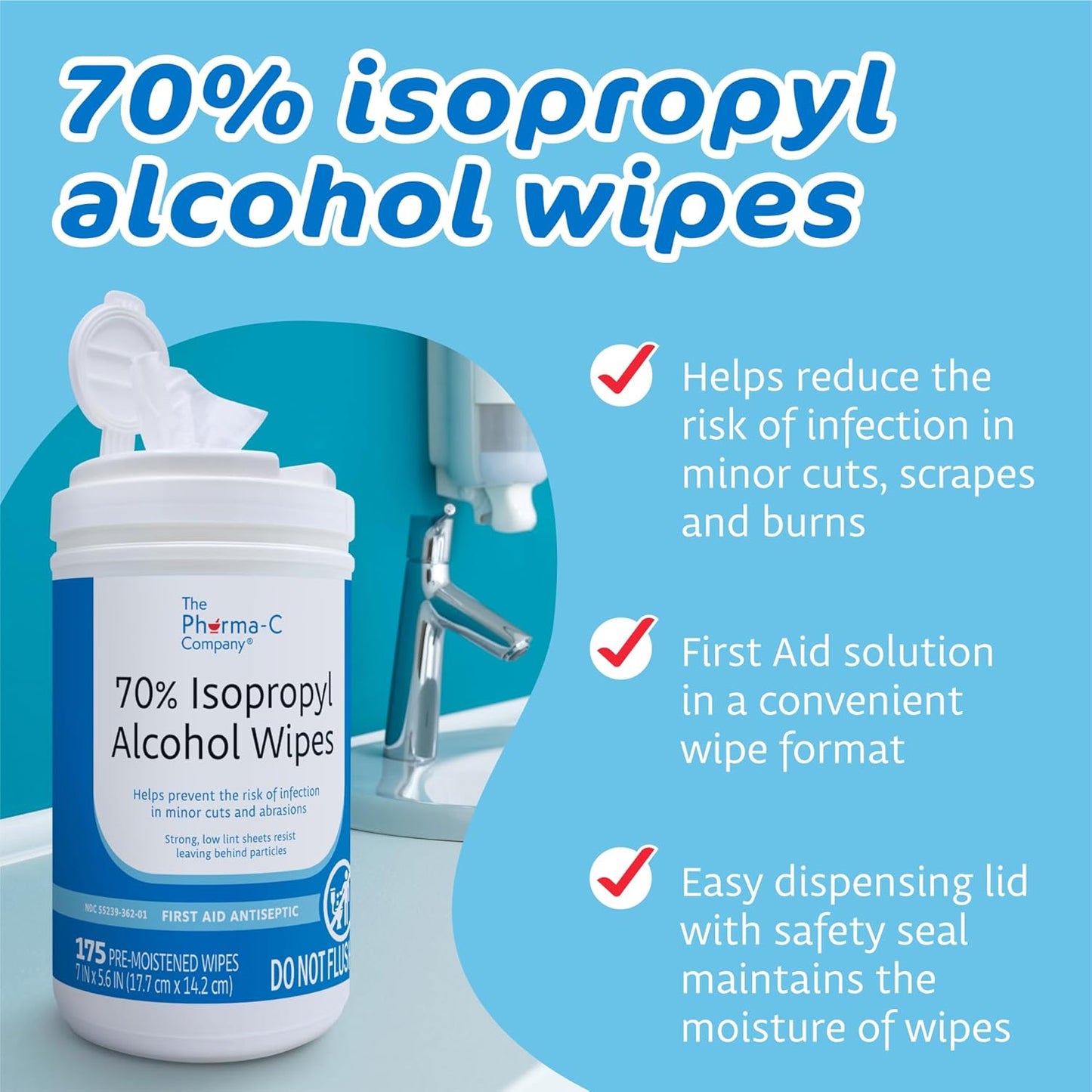 The Pharma-C Company 70% Isopropyl Alcohol Wipes [175ct Wipes] - Large Durable IPA Wipes. First-Aid Antiseptic Wound Cleaner with Moisture Lock Lid.