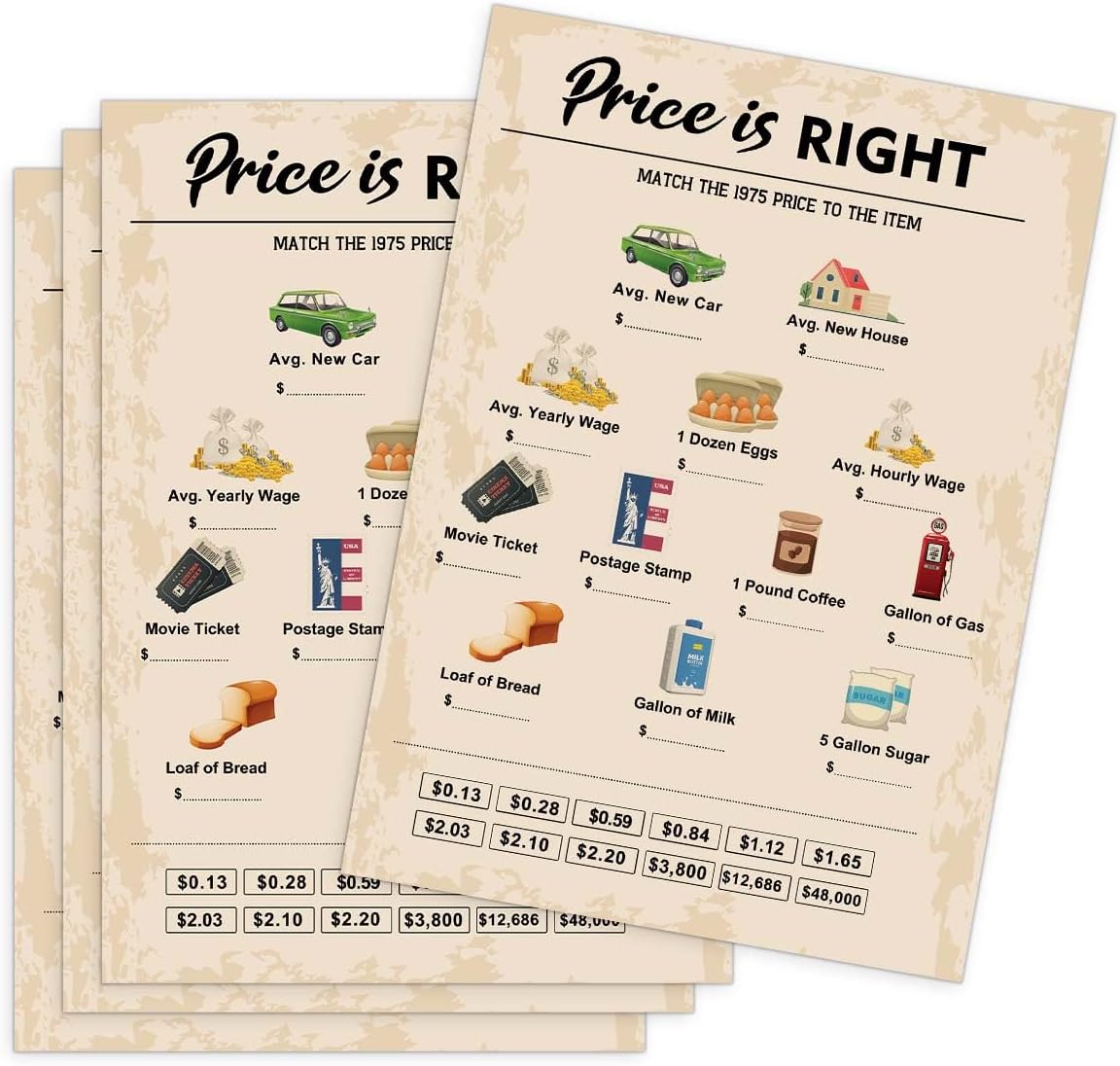 QUPT 50th Birthday Party Games, Price is Right Games, Birthday Party Supplies for Adults, Fun 1975s Party Game，Pack of 30 Cards