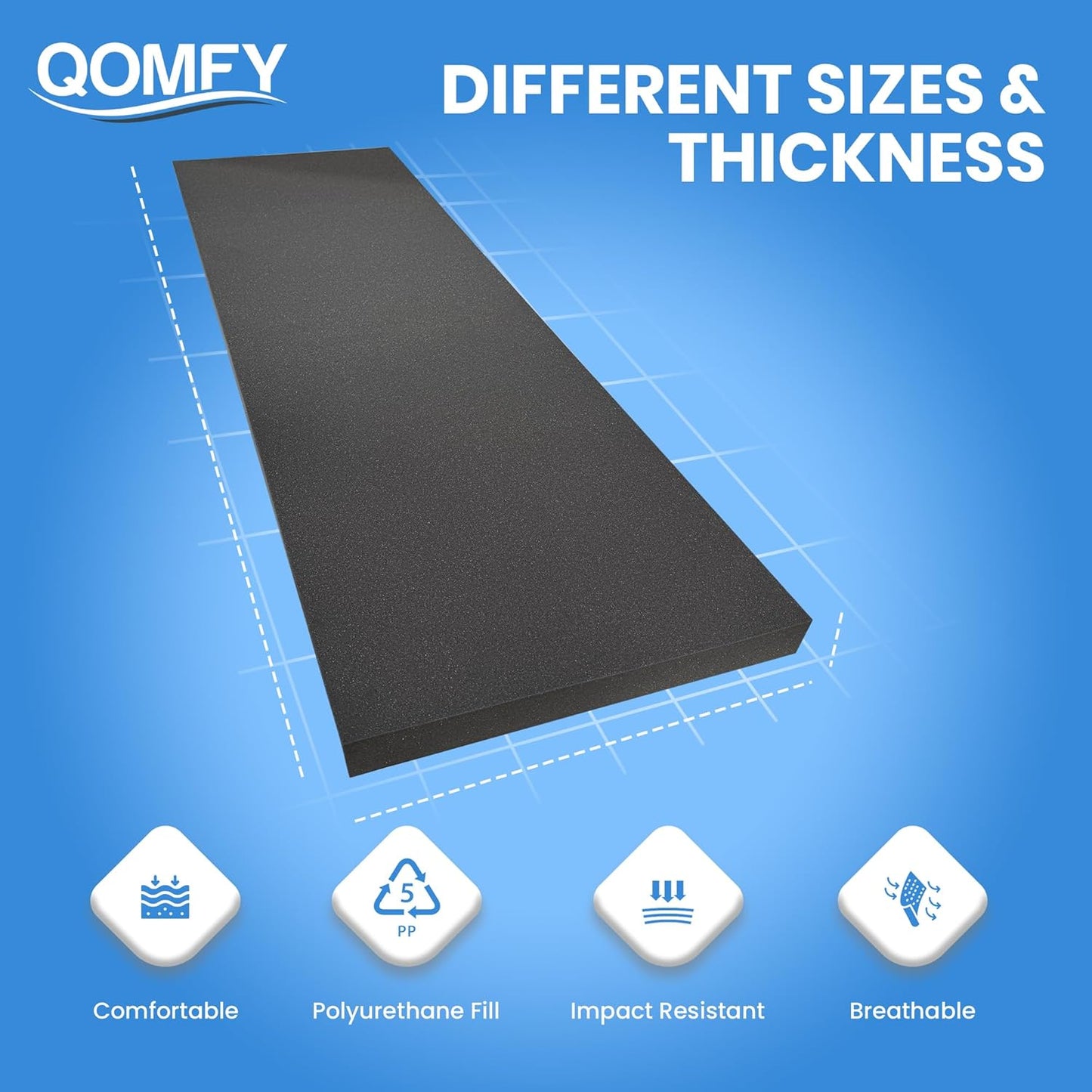 QOMFY 6" Height x 18" Width x 42" Length Charcoal Upholstery Foam Sheet | Made in USA | Multi-Purpose Foam for Upholstery, DIY, Packaging & Acoustic Projects