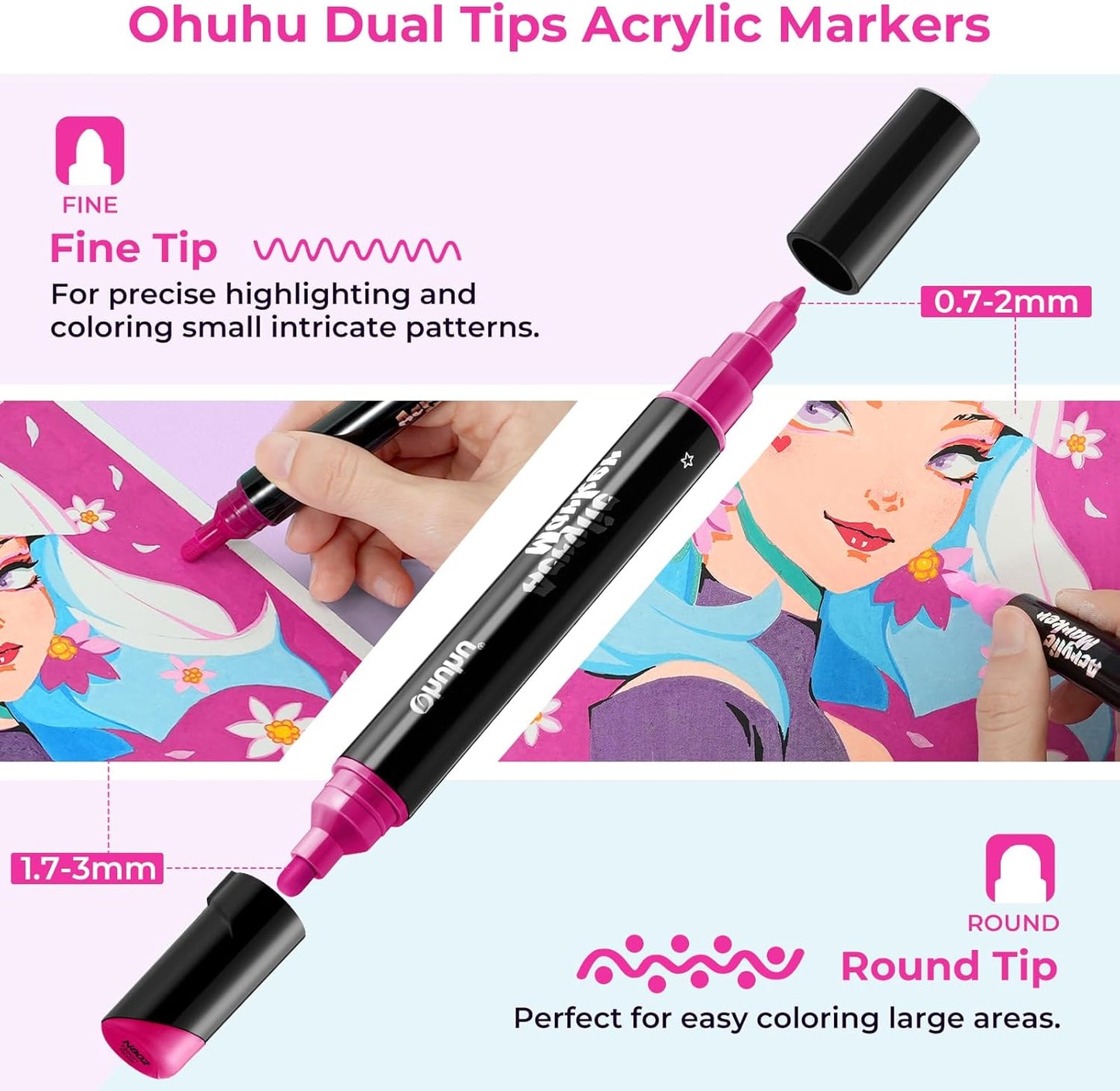 Ohuhu Acrylic Paint Pens 90 Colors: Dual Tips (Round & Fine) Acrylic Markers High Opacity Paint Markers Waterproof Lightfast for Rock Painting Easter Eggs Wood Glass Ceramic Canvas - Kakaako
