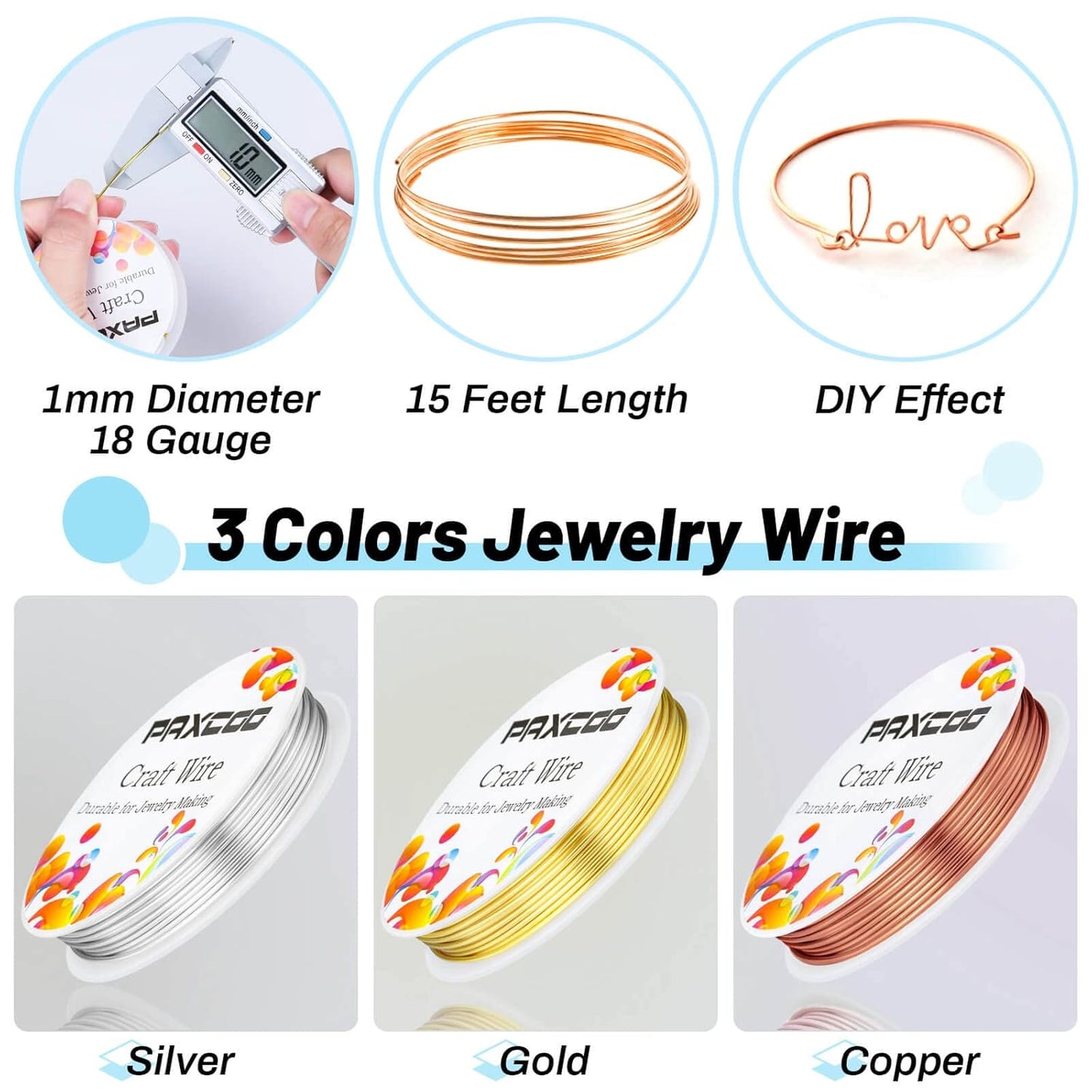 Paxcoo 3 Pack Jewelry Wire Craft Wire 18 Gauge Tarnish Resistant Beading Wire for Jewelry Making Supplies and Crafting (Silver, Gold and Copper)