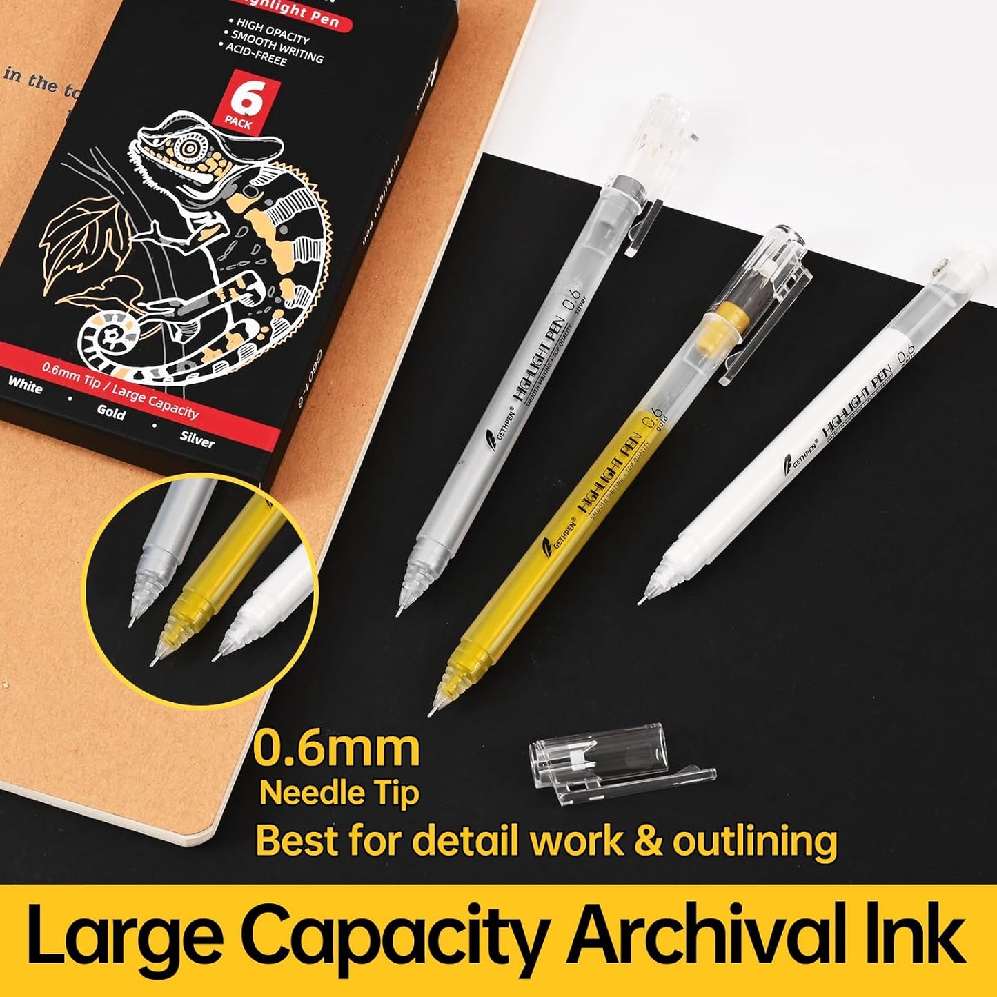 White Gold and Silver Gel Pen Set, 0.6mm Extra Fine Point Pens Gel Ink Pens Opaque Archival Ink Pens for Black Paper Drawing,Sketching,Card Making, Illustration, Bullet Journaling, 6 Pack