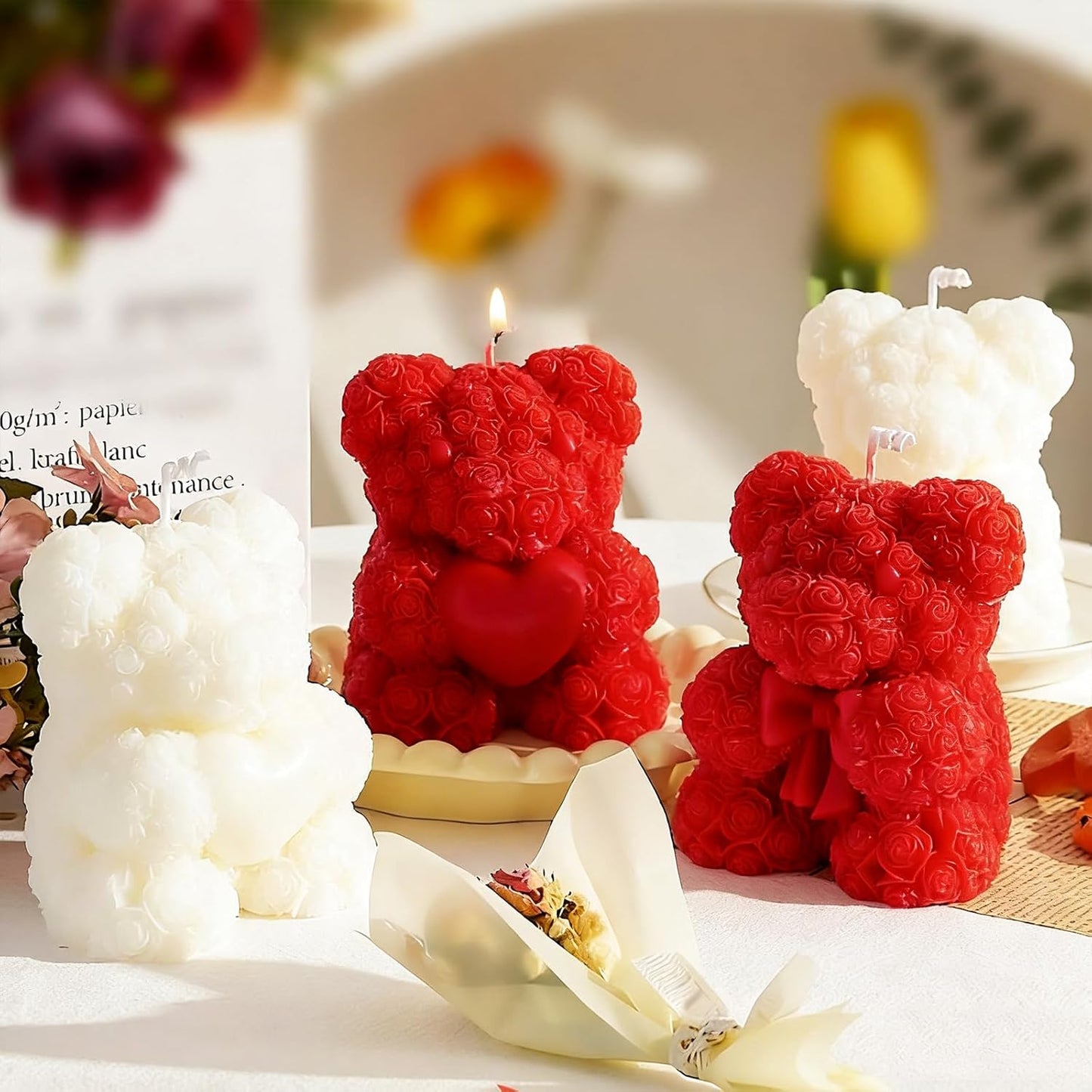 2PCS Rose Bear Silicone Mold,3D Teddy Bear Candle Making Molds,Silicone Epoxy Resin Mould,Ornament for DIY Wax Candle Art Craft Cake Chocolate Home Decor Valentine Gifts Birthday Gift（MINI）