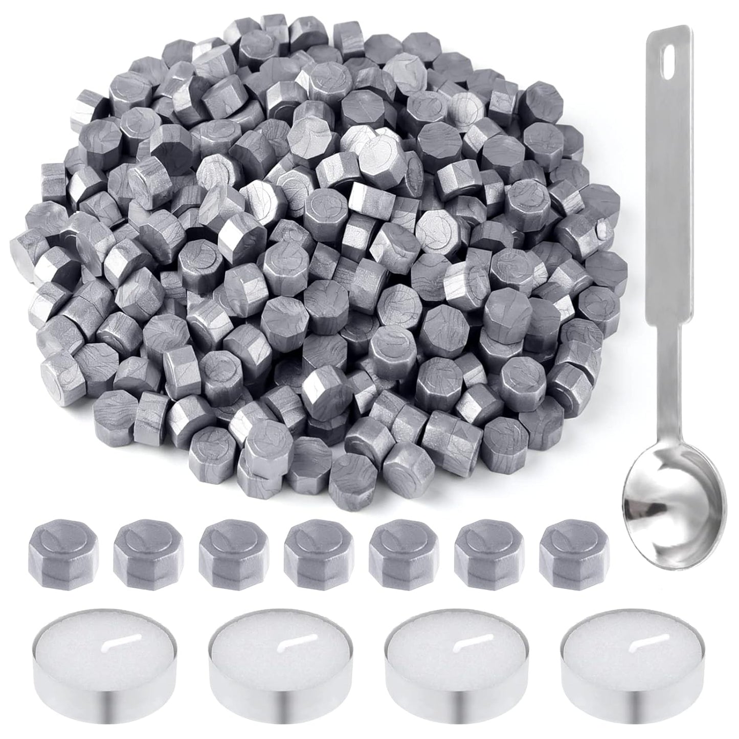 500 Pcs Silver Wax Seal Beads Octagon Sealing Wax Beads with 4 Pcs Tea Candles and 1 Pcs Wax Melting Spoon for Crafts Letter Wine Greeting Cards Sealing