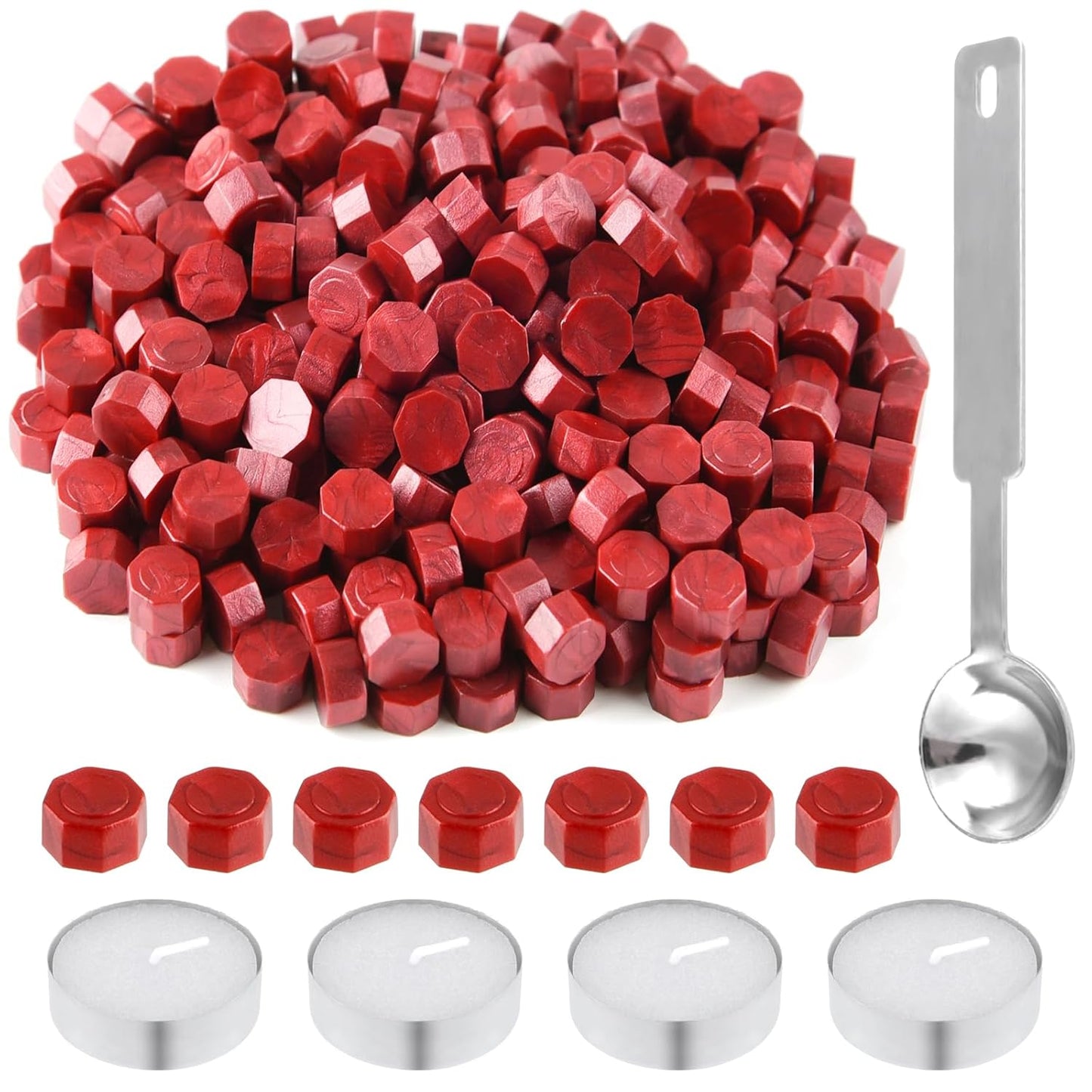 500 Pcs Dark Gold Octagon Wax Seal Beads Kit with 4 Pcs Tea Candles 1 Pc Melting Spoon for DIY Crafts Letters Wedding Wine Bottle Sealing