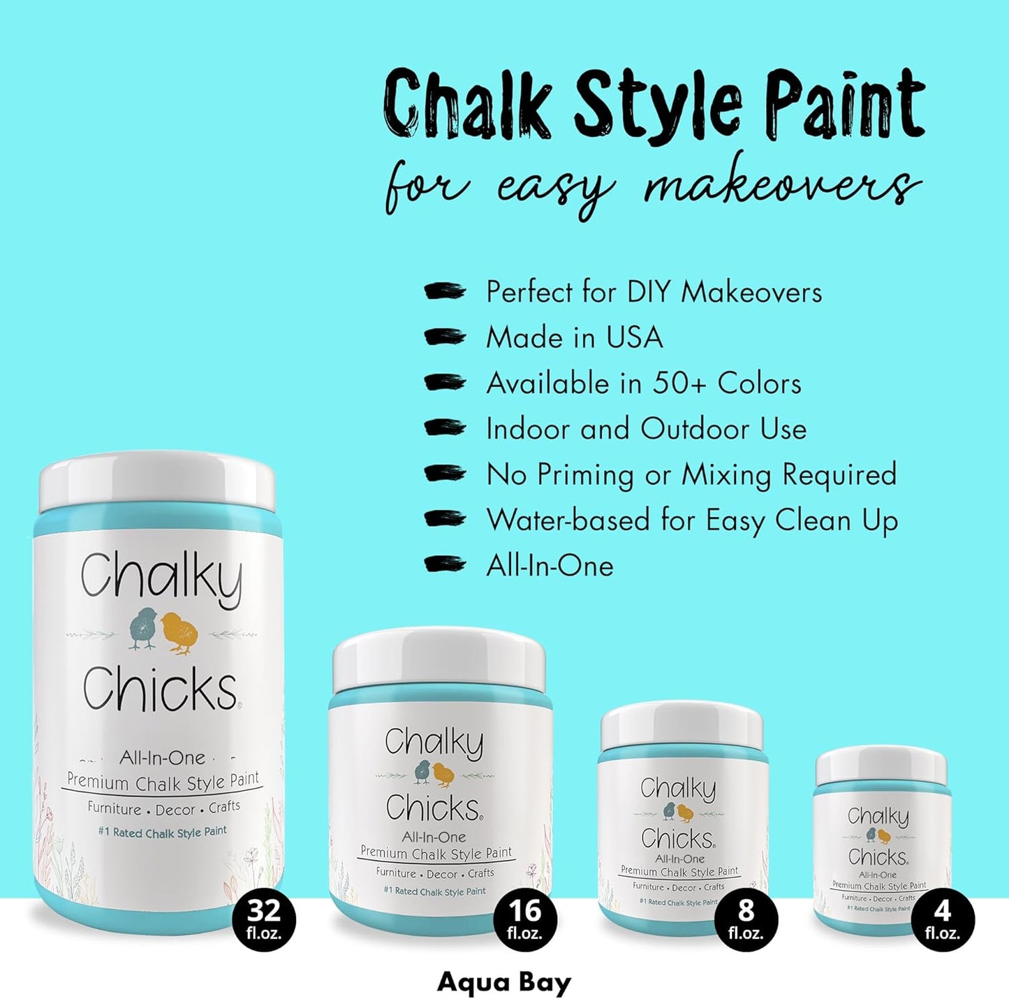Chalky Chicks All-in-One Chalk Paint for Furniture or Cabinet - 16 Fl Oz - Matte Finish Aqua Bay (Aqua Blue) for Metal, Wood Furniture Paint - No Sanding All-in-One for Home Decor & Crafts, USA Made