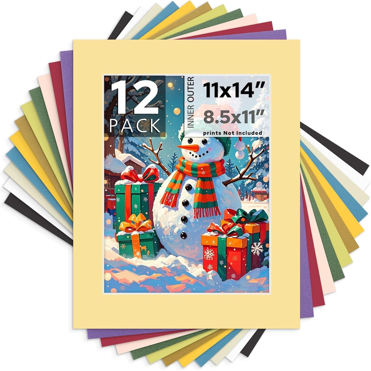 Mat Board Center, 11X14 Mix Color Mats for 8.5X11 Pictures - Acid Free, 4-Ply Thickness, White Core, Bevel Cut - for Artworks, Photos, Framing - Pack of 12