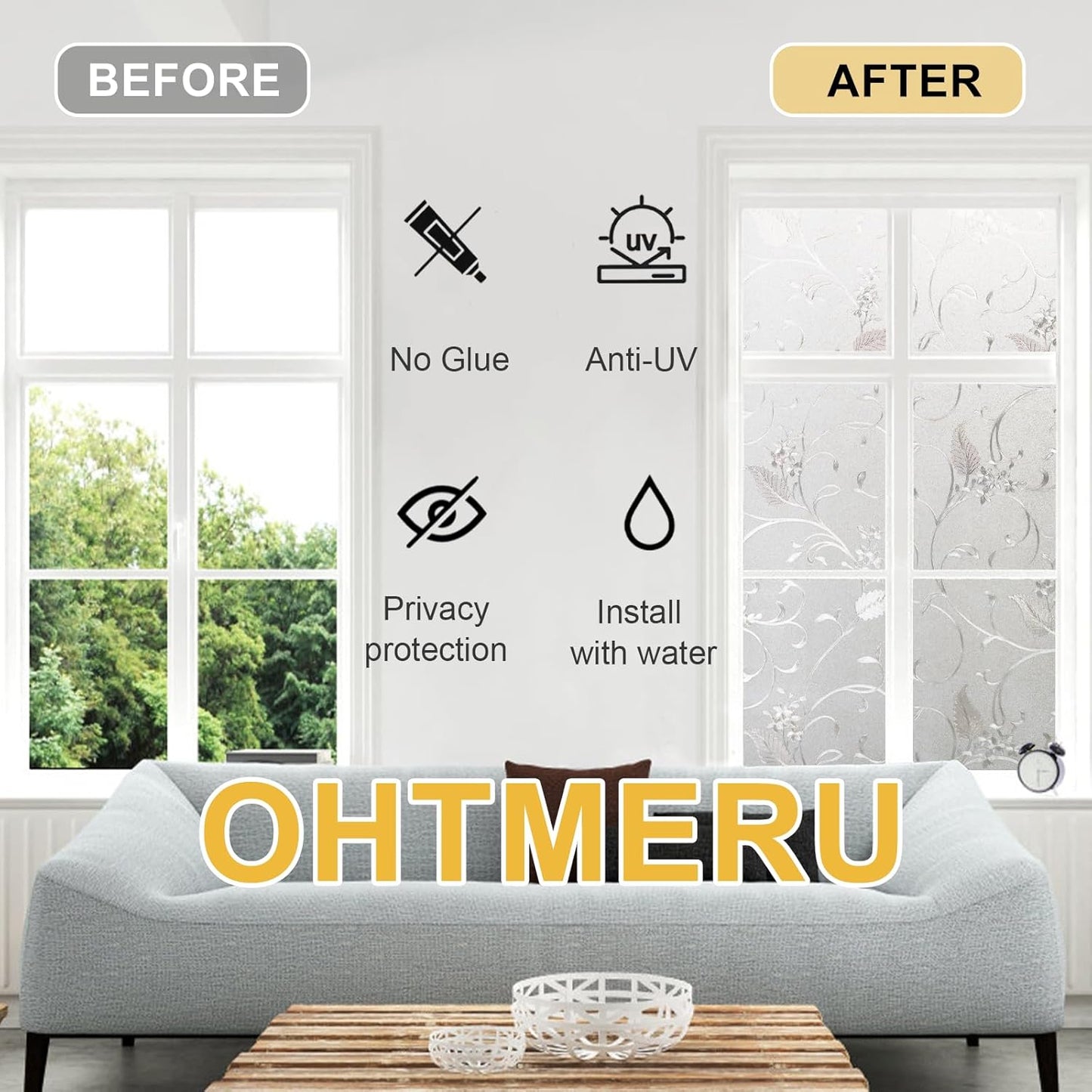 Window Privacy Film Decorative for Front Door, Bathroom Static Cling Stained Glass Sticker Opaque Heat Control UV Blocking Non-Adhesive for Home Windows,Horsetail