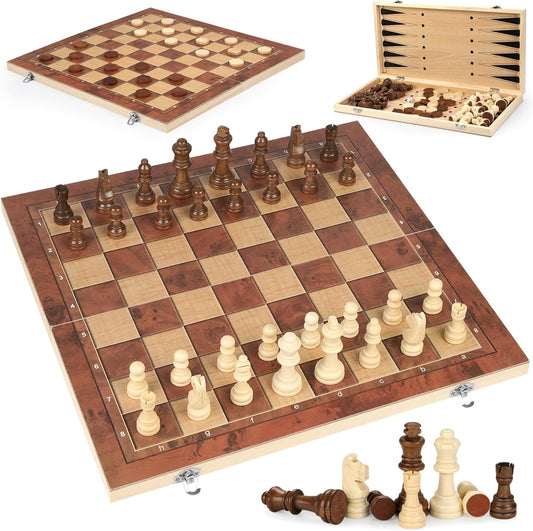 Chess Checkers Backgammon 3-in-1 Board Games Sets, Wooden Chess Set for Adults & Kids, 17.2" Lightweight Checkers Board Game,Strategy Backgammon Sets for Adults, Travel Chess Board Game Pieces Storage