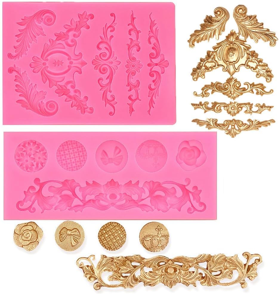JOERSH 3PCS Baroque Scroll Molds Silicone Border Fondant Mold for for Wedding Birthday Cake Decorating, Cupcake Topper, Chocolate, Candy, Candle, Clay