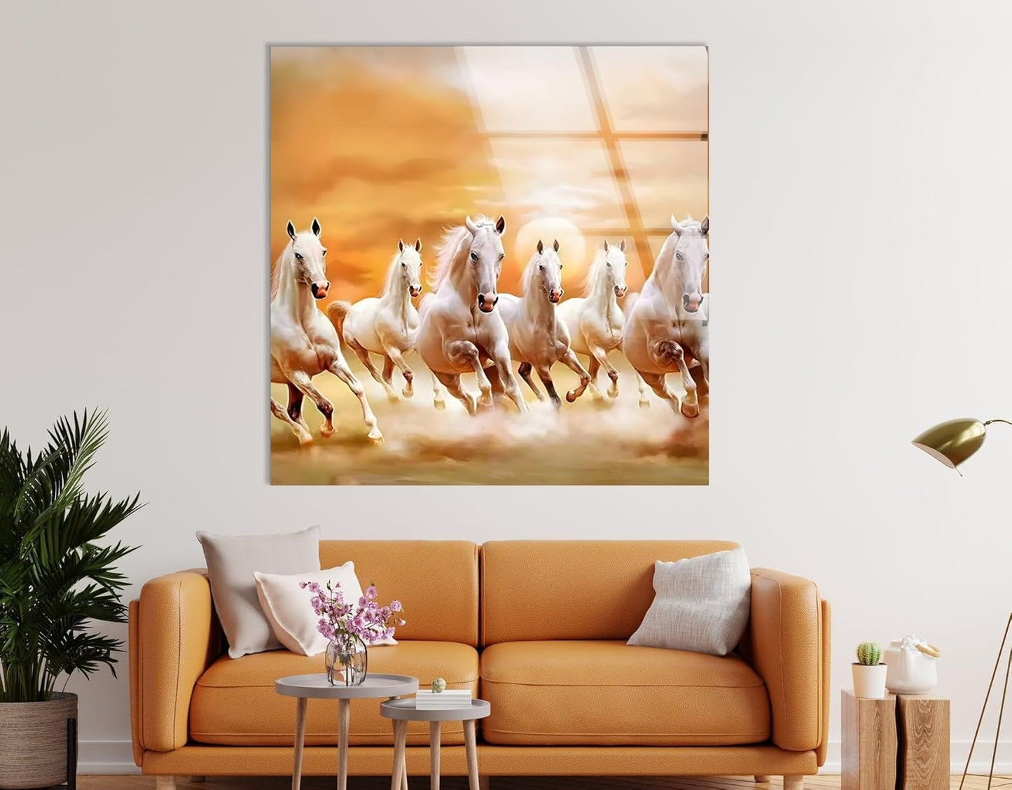 My Photostation.com 20Wx14H'' White Horses Running on Sunset Glass Wall ArtTempered Glass Printing Wall Decor Large Wall Art Wall Hangings