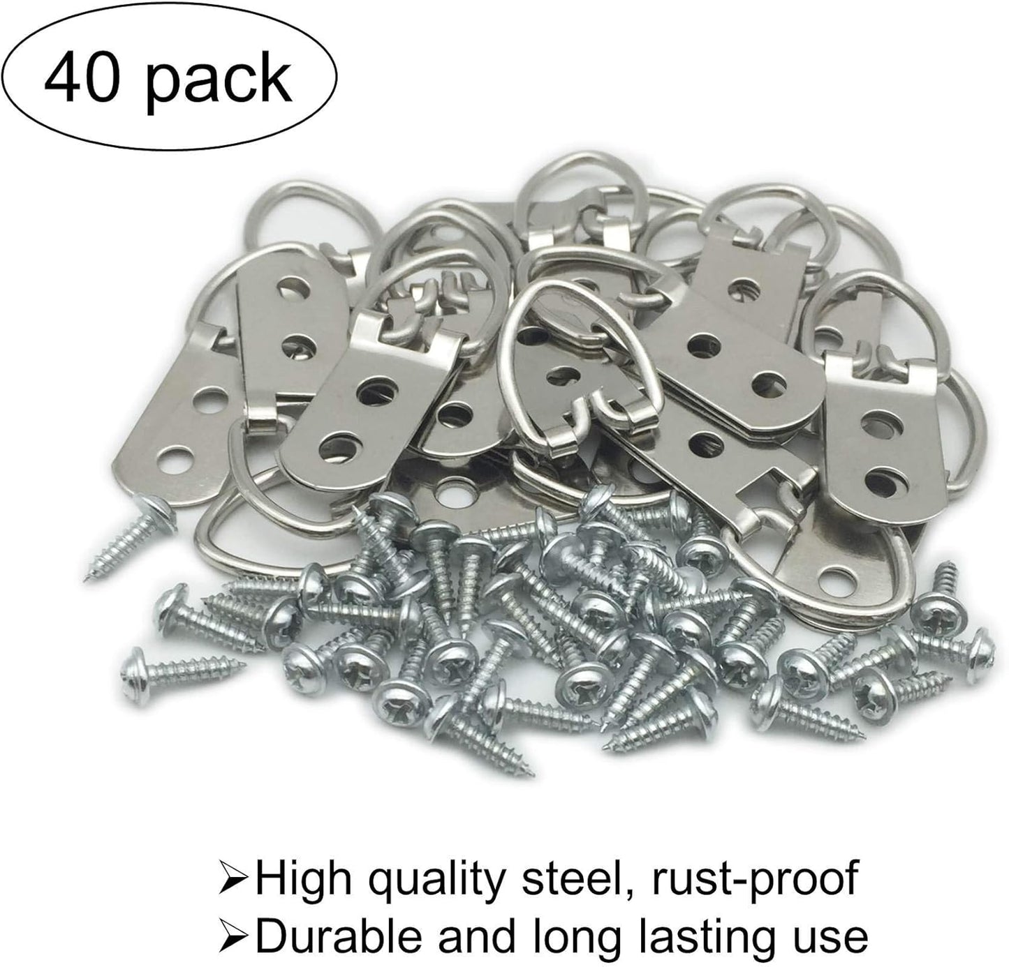 40 Pack D-Ring Steel Picture Hangers Heavy Duty with Screws Picture Frames Double Holes Clasp Picture Hang Solutions