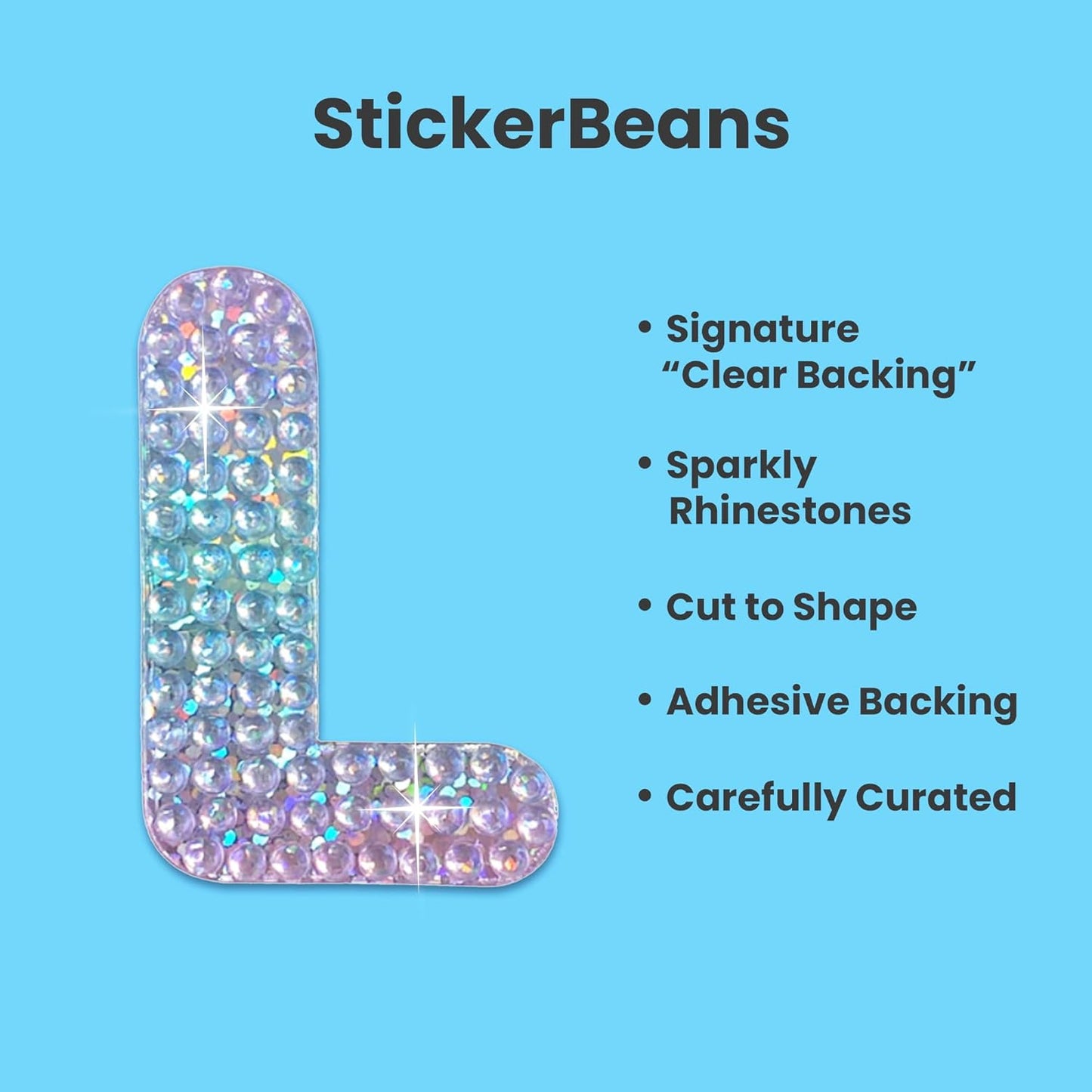 StickerBeans® Rhinestone Alphabet Letter Sticker L - Unique Sparkly Design 2” x 2” Cut-to-Shape Adhesive - Personalization, Collecting, Gifting, Scrapbooking, Decorating Laptops, Phone Cases, All Ages