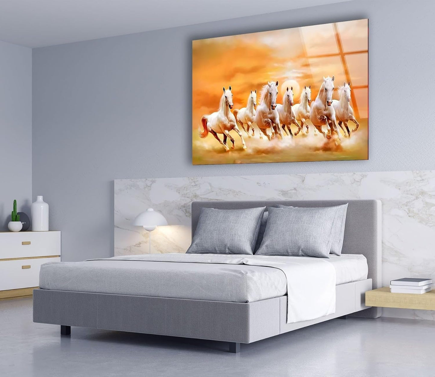 My Photostation.com 30Wx24H'' White Horses Running on Sunset Glass Wall ArtTempered Glass Printing Wall Decor Large Wall Art Wall Hangings