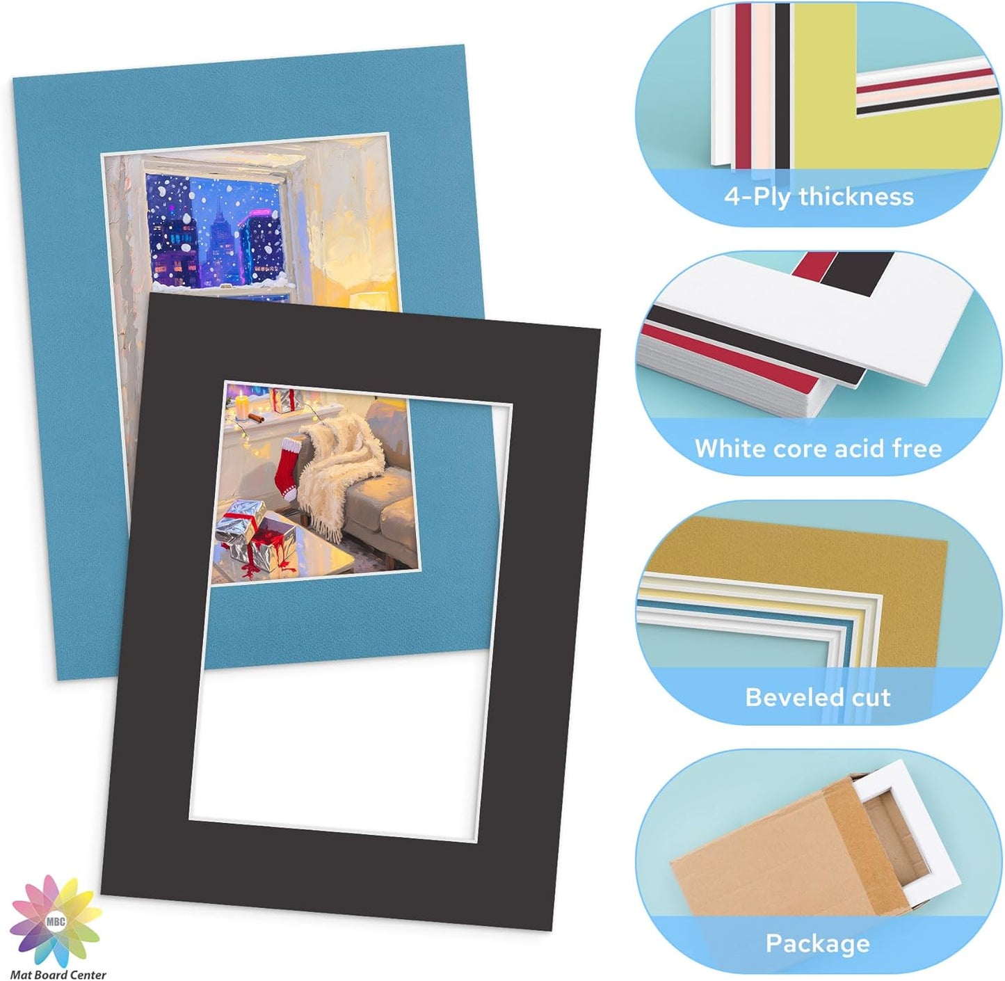 Mat Board Center, 12X16 Mix Color Mats for 8X12 Pictures - Acid Free, 4-Ply Thickness, White Core, Bevel Cut - for Artworks, Photos, Framing - Pack of 12