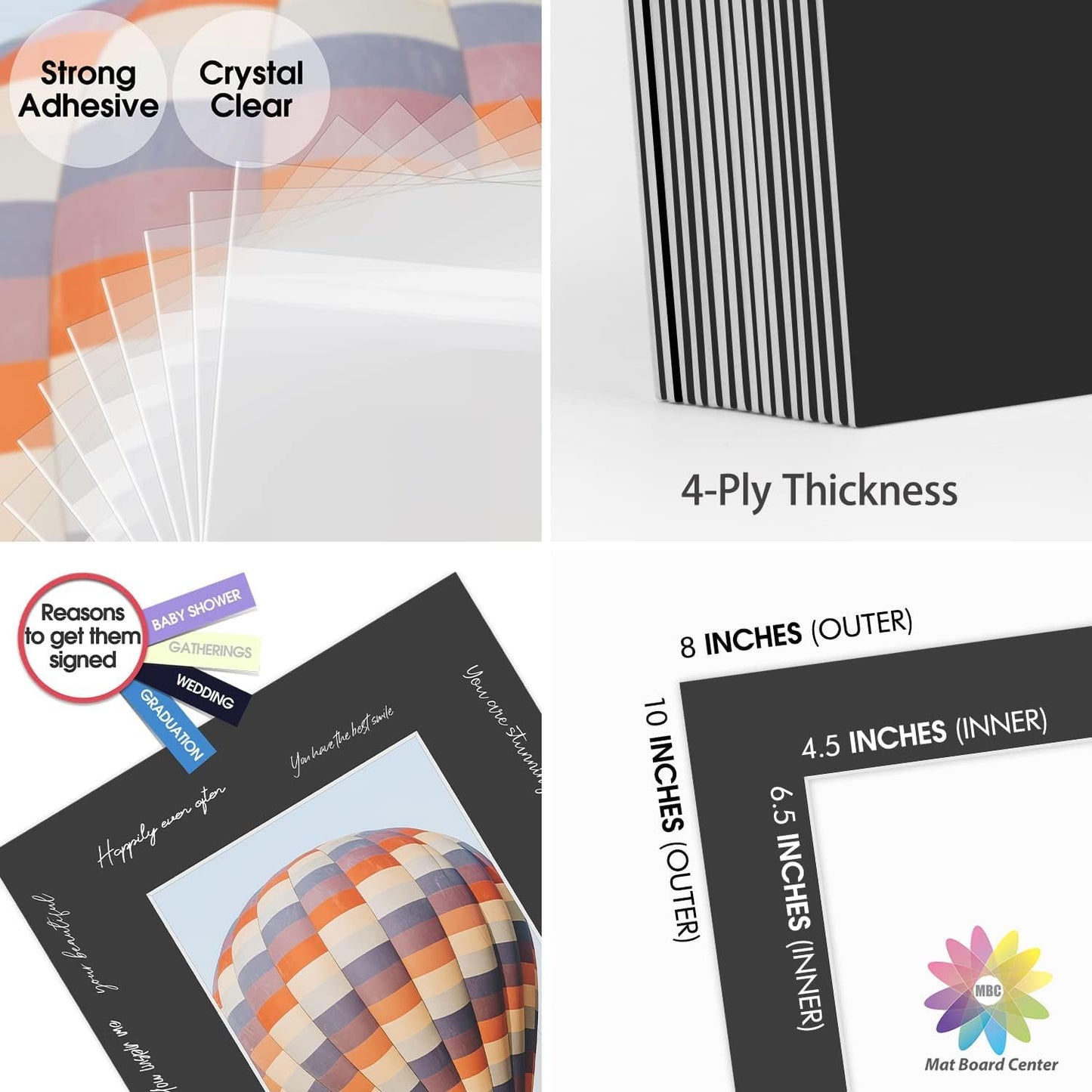 Mat Board Center, Pack of 50, 8x10 for 5x7 Black Picture Mat Sets - Acid Free, 4-ply Thickness, Bevel Pre-Cut White Core - Includes Backing Boards and Clear Bags - for Pictures, Photos, Framing