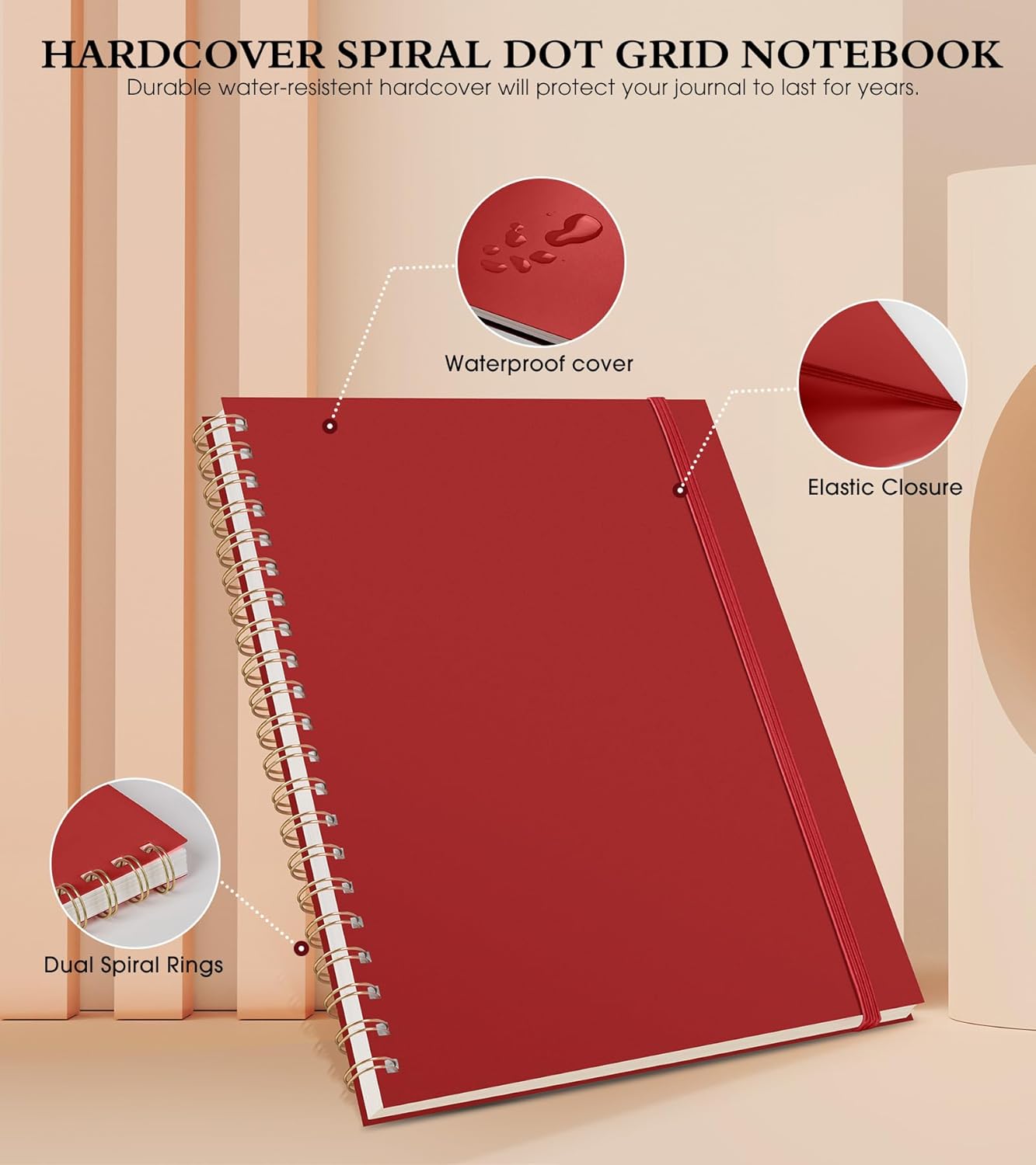 Dotted Notebook, Spiral Notebook Journal 8.5” x 11”, A4 Large Dot Grid Notebooks for Women Men, 100 GSM Dotted Paper, Plastic Hardcover Spiral Bullet Journals for Work School Sketching, Red