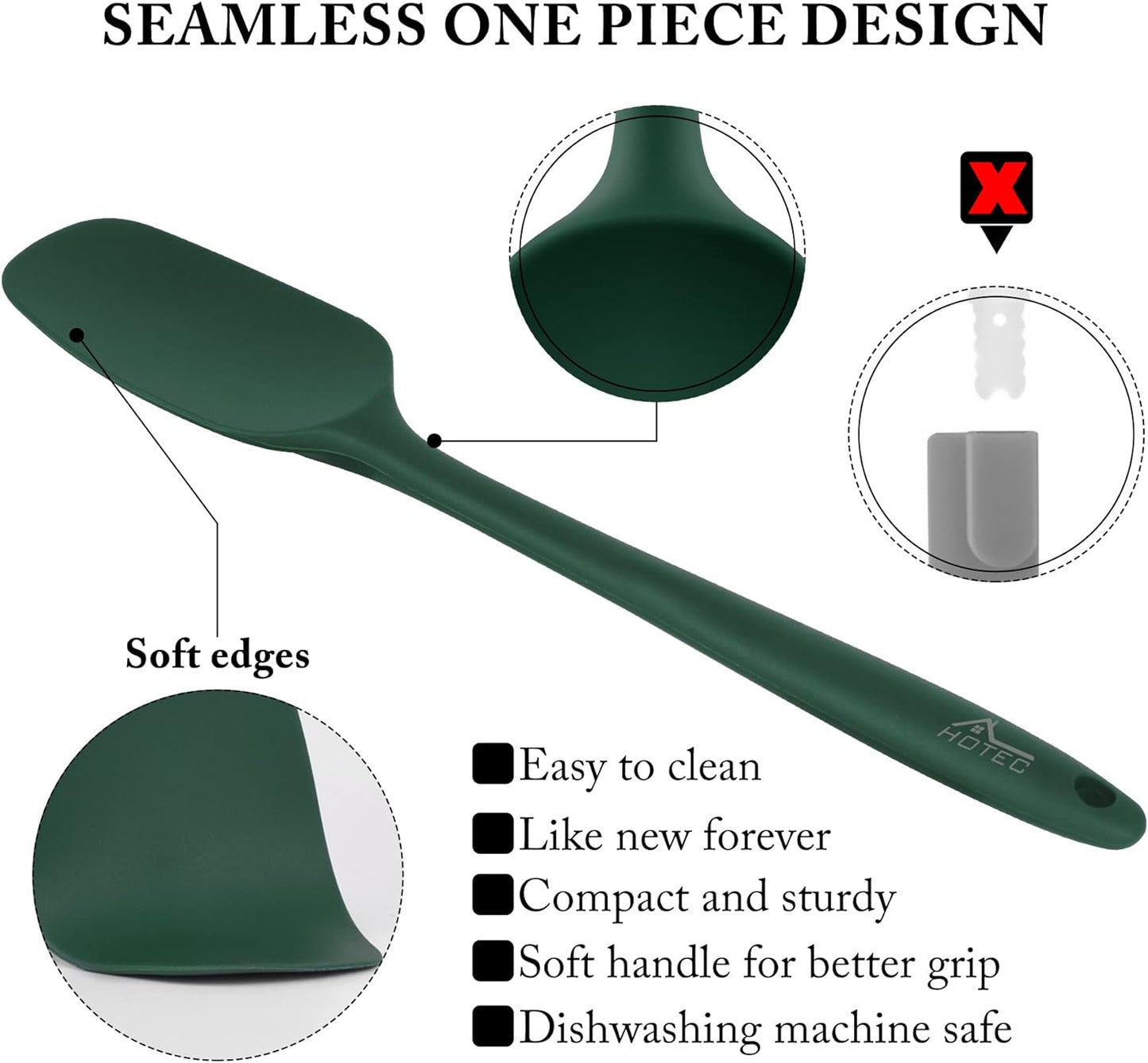 HOTEC 600℉ Heat Resistant BPA-Free Silicone Rubber Spatula Set,Kitchen Cooking Spatulas, Baking, Mixing for Non Stick Cookware, Dishwasher Safe, Dark Green Set of 5