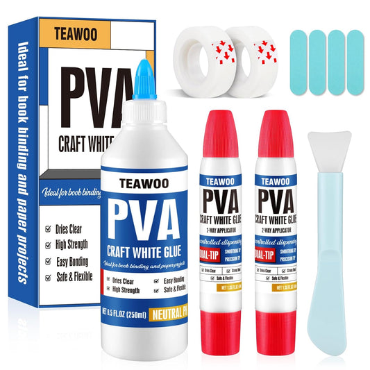 Book Repair & Binding Glue Kit – 8.5 Oz + 2×1.35 Oz Acid-Free PVA Adhesive – Neutral pH, Dries Clear & Flexible for Books, Crafts, Collages & Paper Art, Used for Bookbinding and Book Repair