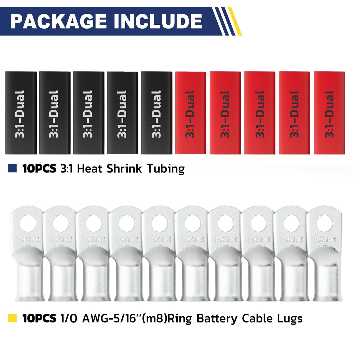 Haisstronica 10pcs 1/0 AWG - 5/16"(M8) Tinned Copper Battery Lugs,Heavy Duty Copper Wire Lugs with 10pcs 3:1 Adhesive Heat Shrink Tubing, 0 Gauge Wire Lugs, Tinned Copper Battery Cable Ends