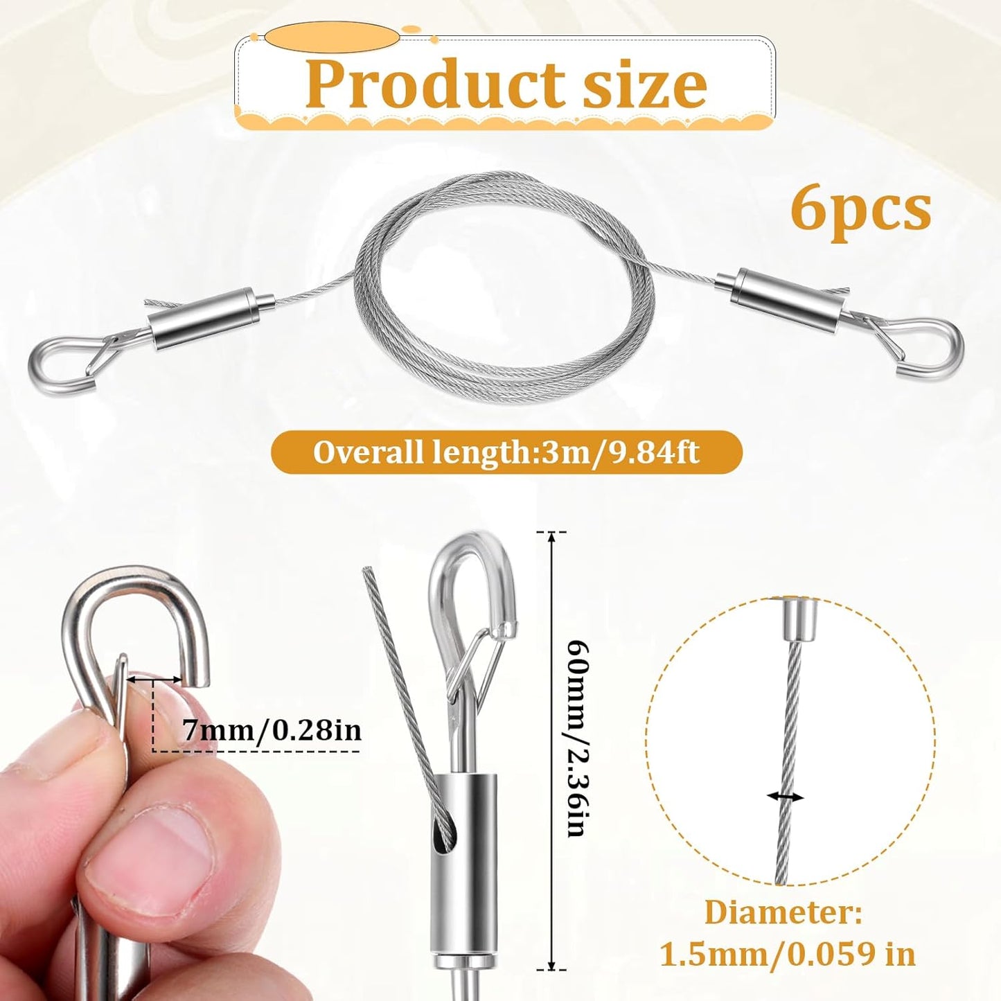 6PCS Heavy Duty Picture Hanging Wire 9.8ft X 1.5mm Mirror Frame Hanging Kit Adjustable Stainless Steel Rope for Pictures, Mirrors, Frames, Artwork, Light Lamp and Billboards, Supports up to 66lbs