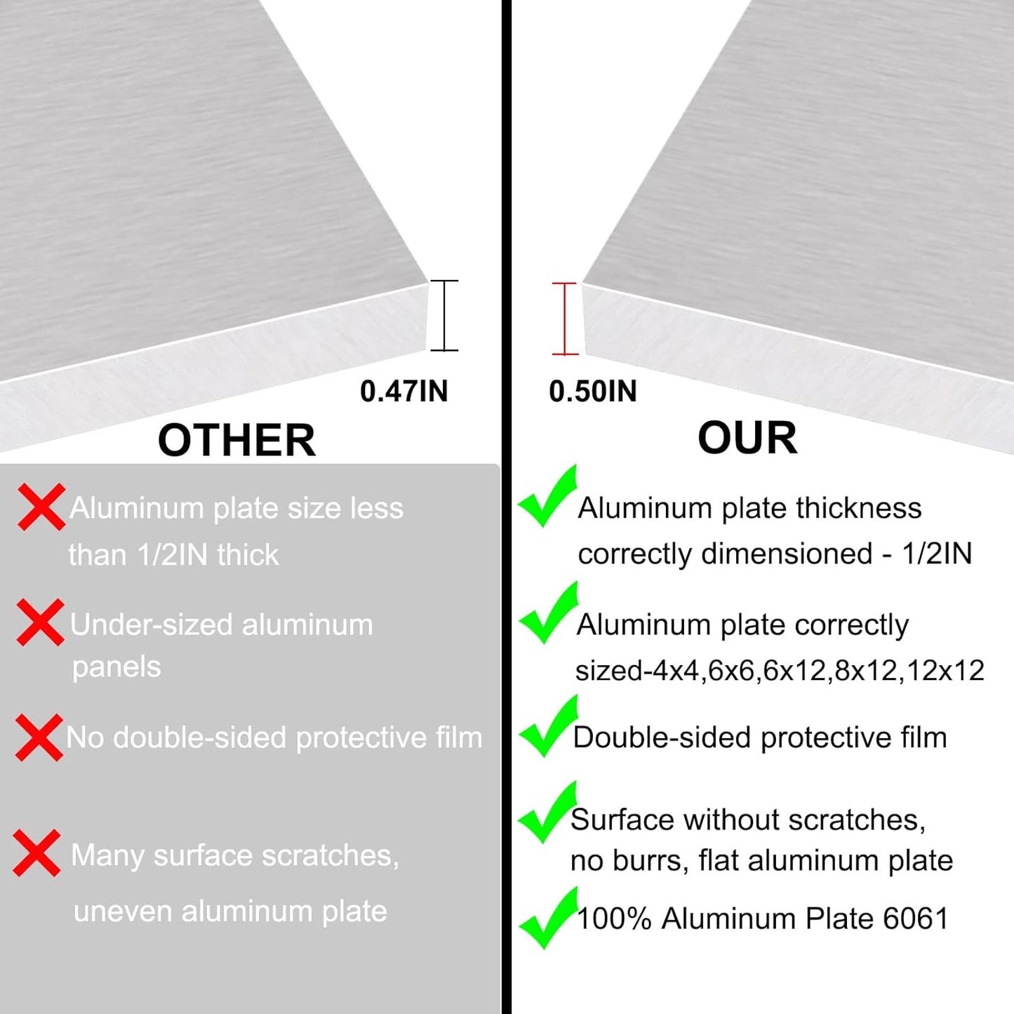 6061 T651 Aluminum Sheet Metal 6 x 12 x 1/2 (12.7MM) Inch Flat Plain Aluminum Plate Covered with Protective Film, Heat Treatable Rectangle 0.50" Thick Aluminum Metal Plate for Industrial, Crafting