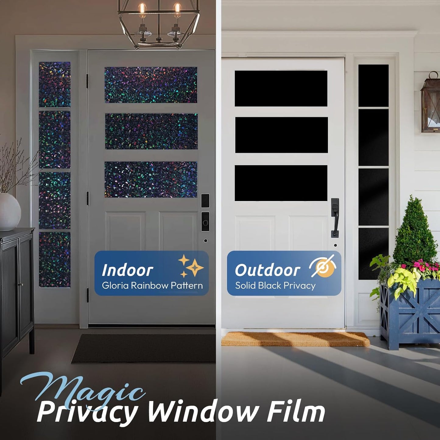 rabbitgoo Blackout Rainbow Window Privacy Film Decorative Stained Glass Diamond Pattern Window Sticker with Iridescent Tint Non-Adhesive Static Cling for Home Office Bathroom, 23.6 x 157.4 inch, Black