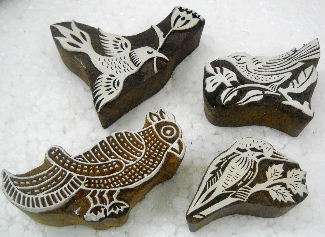 Craftsofindia® Set of 4 Birds Shaped Premium Hand-Carved Wooden Block Stamps for Textile, Paper, Clay, Tattoo - Enhanced Print Impressions