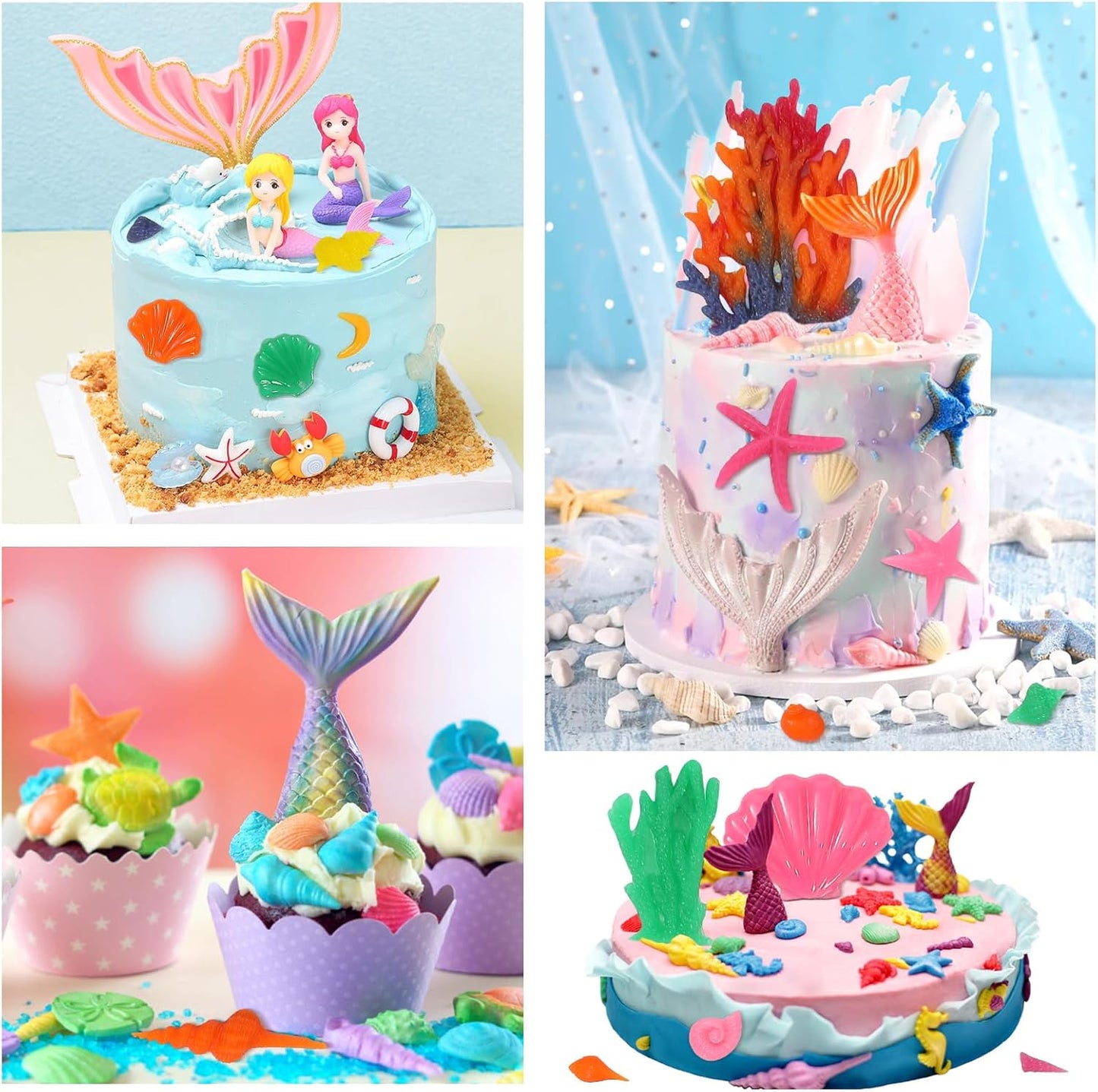 Mermaid Theme Cake Mold, Mermaid, Shell, Seaweed, Coral Silicone Mold Cupcake Toppers Mold for Candy,Chocolate,Fondant,Polymer Clay,Crafting Projects & Cake Decoration