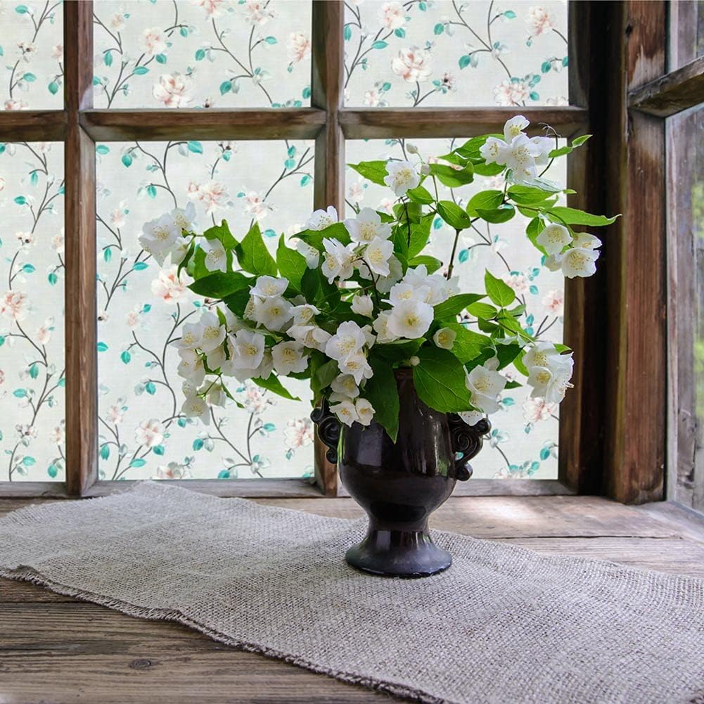 VSUDO Static Cling Decorative Window Privacy Film – Frosted Privacy Window Film with Jasmine Floral & Stained Glass Design, Adhesive-Free Tint for Home, Bathroom & Office (35.4" x 78.7")